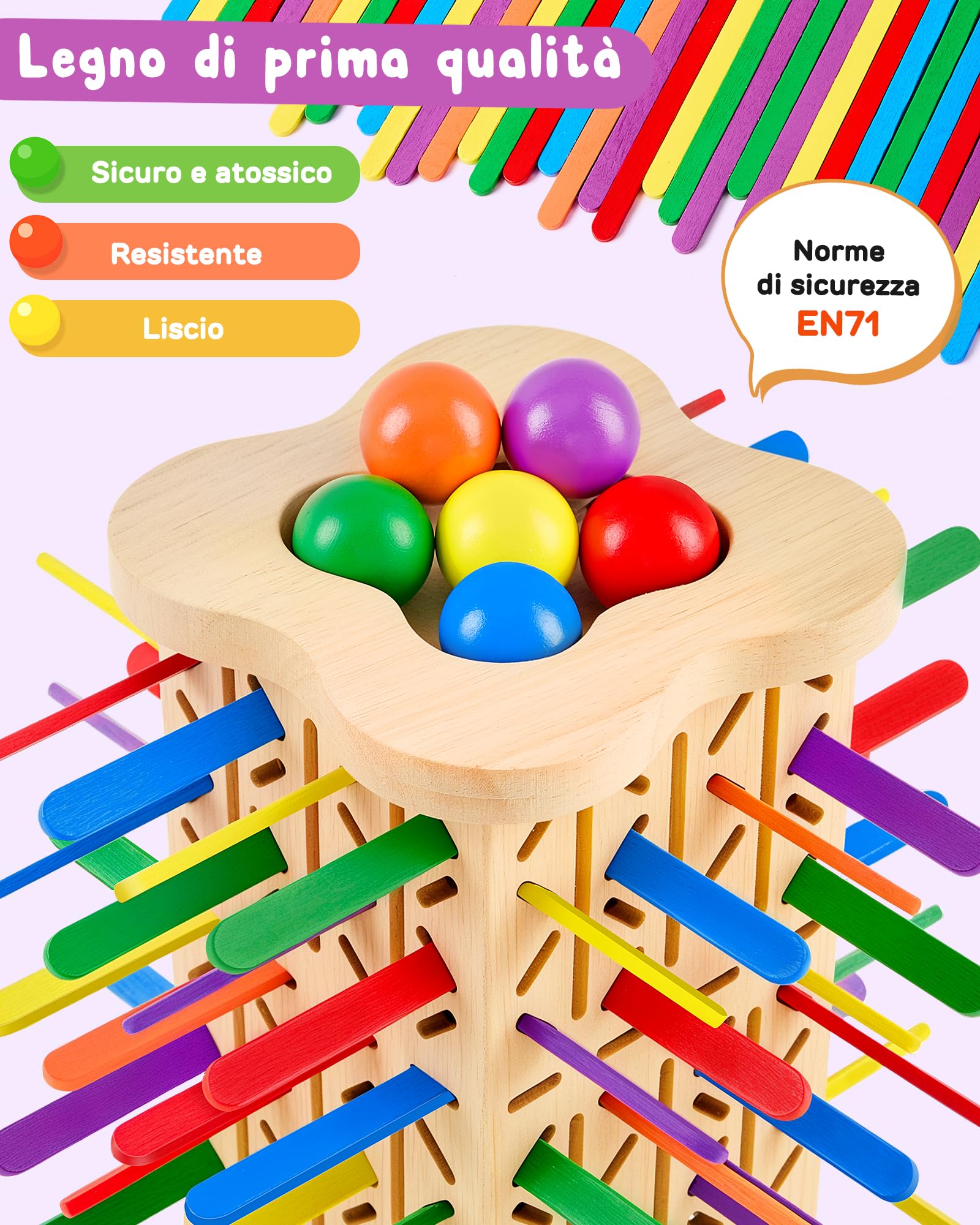 Giocattoli Montessori in Legno per bambini 3 4 5 6 anni | Gioco di Società Educativo con Bastoncini Colorati, Dado e Palline, Sviluppa la Motricità Fine e la Concentrazione, Regalo