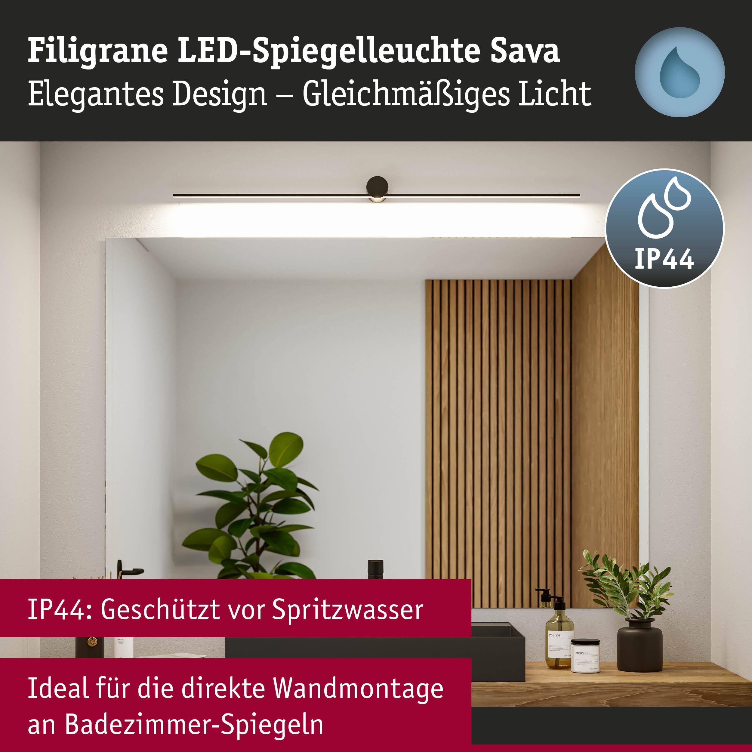 Paulmann 75413 LED Leuchtspiegel Sava IP44 3000K 850lm 230V 13,5W Schwarz matt