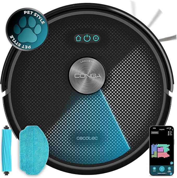 Cecotec Robot Aspirador y Friegasuelos Conga M70. Navegación Láser, 20000Pa de Presión de Succión, Batería de 4500 mAh, Cepillo de Silicona Especial Mascotas, Cobertura hasta 180m²