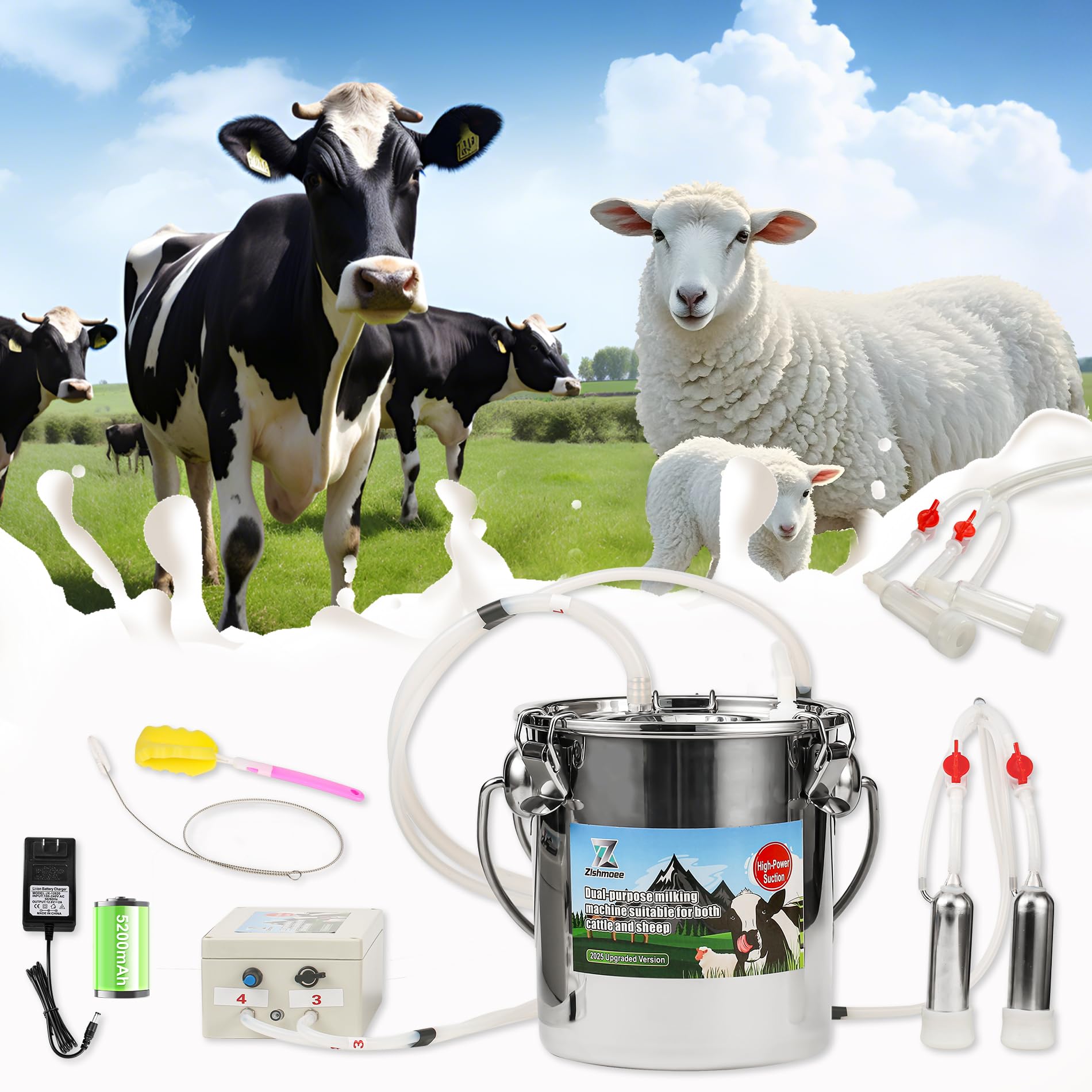 Upgrade 2-in-1 Goats and Cows Milking Machine, 1.85Gal/7L Food-Grade Stainless Steel Bucket with 5200mAh Built-in Rechargeable Battery, 4 Teat Cups, Cordless Pulsation Vaccum Electric Milking Machine