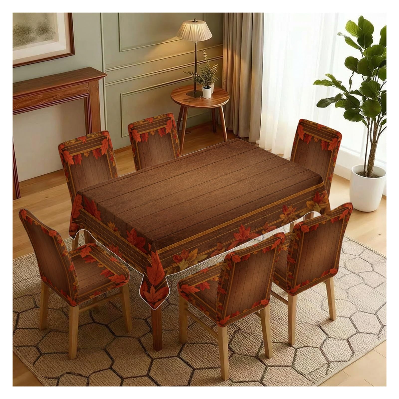 KXUAUV Stretch Dining Chair Slipcover & Tablecloth Set, Fall Maple Leaf Wooden Print, 5/7 Pack, Autumn Farmhouse Home Decor Party Decor(7pcs Set: Tablecloth+Chair Covers)