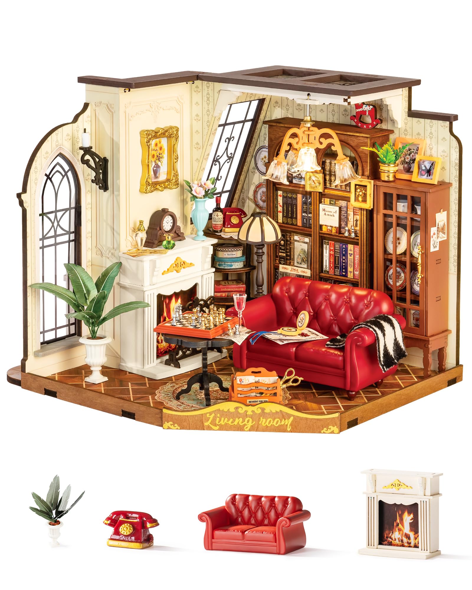 Rolife Maquetas Salón Vintage de Catherine-284 Piezas DIY Miniature House Diorama, Casas Miniaturas para Montar Puzzle 3D Madera Book Nook para Adultos Adolescentes ¡Ningún Pegamento Necesario