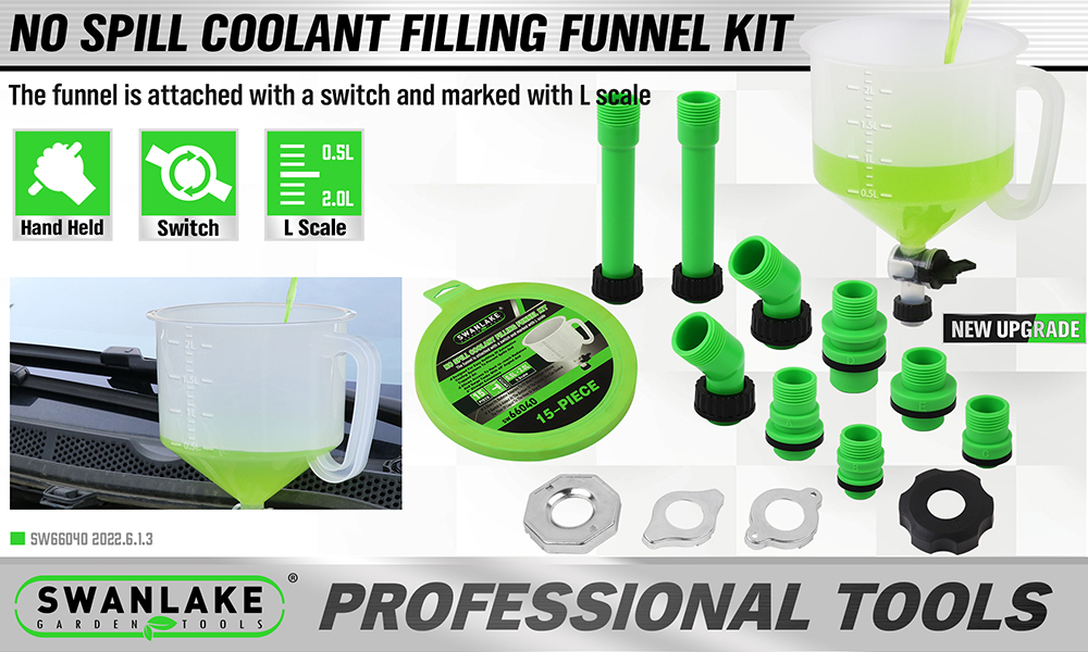 Image of SWANLAKE 18-Piece No-Spill Coolant Funnel Kit, Radiator Funnel Burping Tool, Coolant Bleeder Kit with Adapters, Universal Fitment for Automotive Cooling System