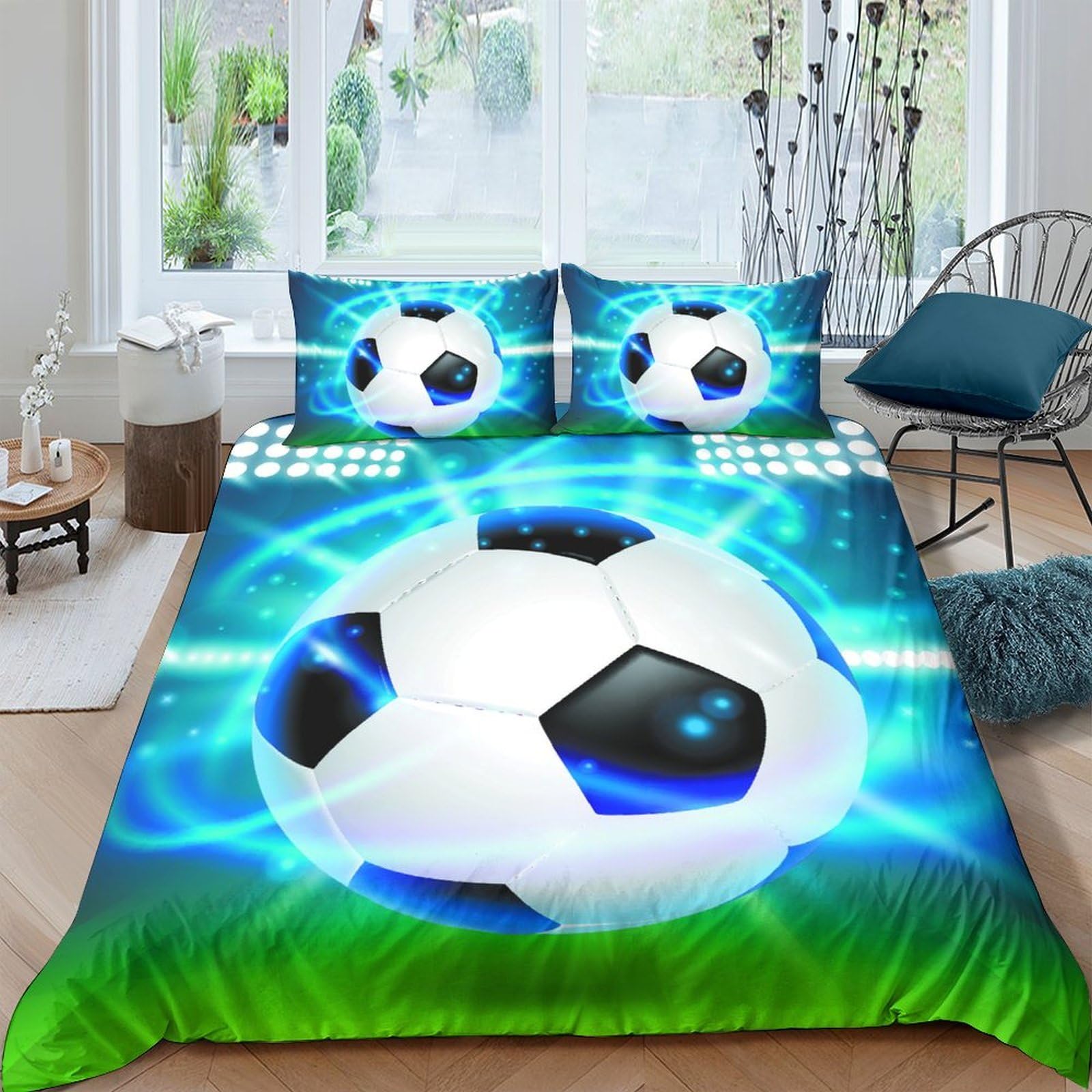 Ctjqhvkz Style-9 3D Printed Football Stadium Fitted Sheet Microfiber Soft Blue Green Soccer Bed Cover For Bedroom Guest Room Decor Single（135X200cm）