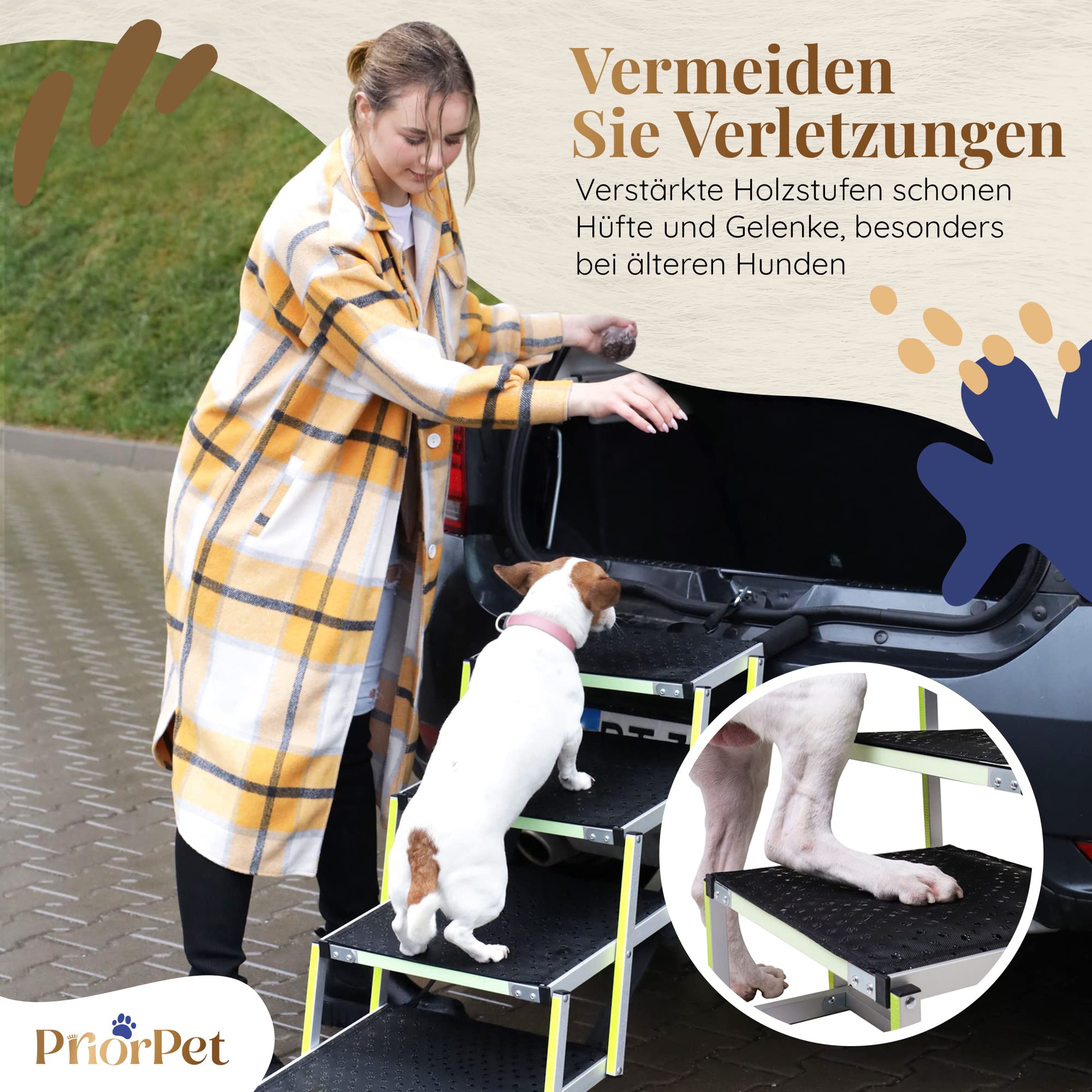 Hundetreppe Auto Klappbar - Hundetreppe Große Hunde - Leuchtende Leitmarkierung - Gelenkschonende Einstiegshilfe Auto Hund - Hundeleiter Faltbar mit Anti-rutsch Einsatz - 77kg Tragkraft - 4 Stufen