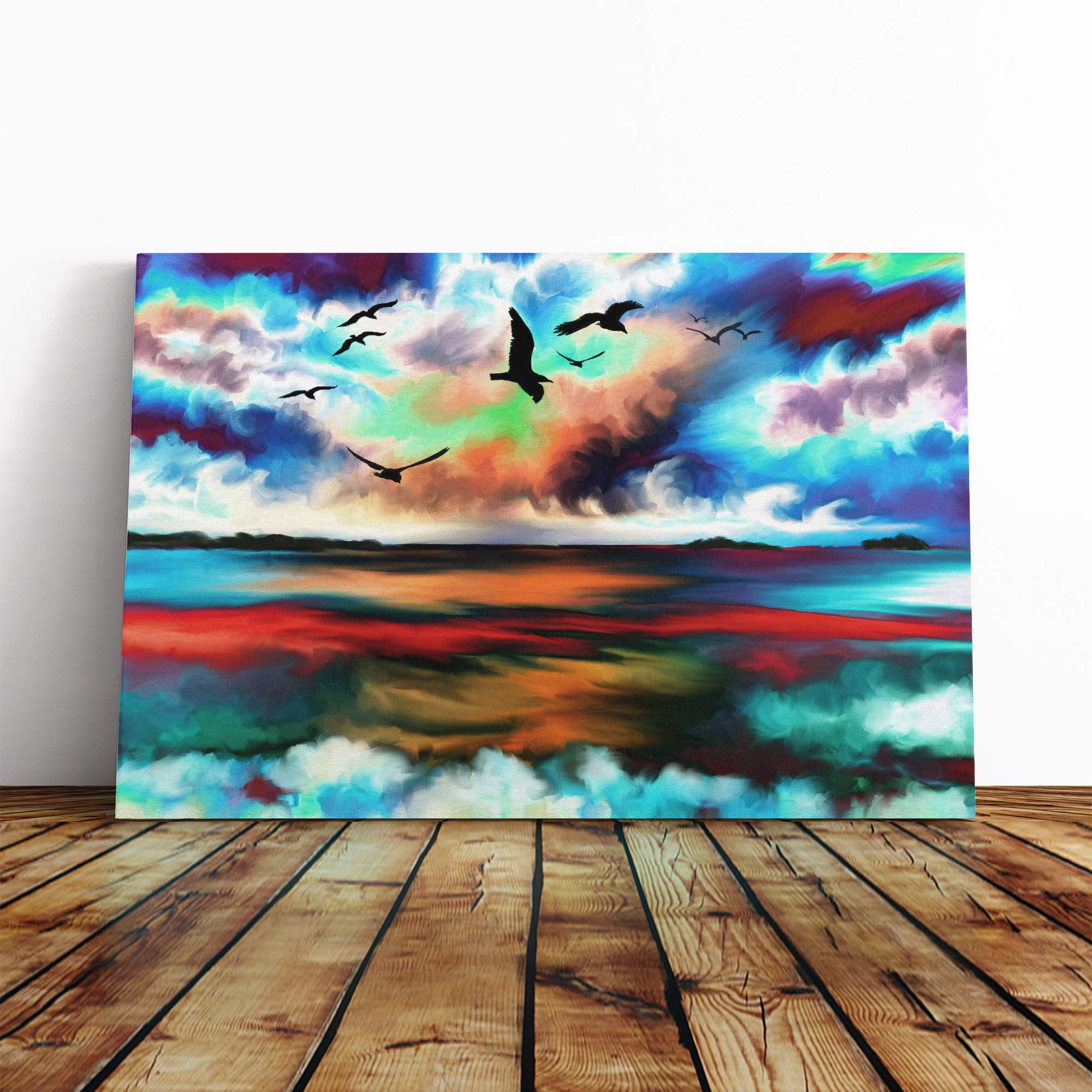 Wall Birds and Ocean Art Canvas Print | Gallery Wrapped 30mm Frame Wall Art | 24x16 inches | Ready to Hang | Coastal Seascape Picture | Living Room Bedroom Lounge Office