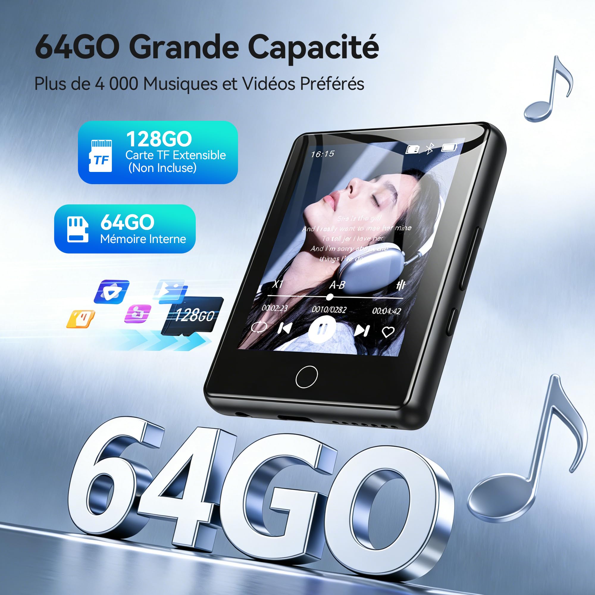 AGPTEK Lecteur MP3 Bluetooth 5.3 64Go, Baladeur Numérique 2.8" Écran Tactile HiFi Sport avec Haut-Parleur Radio FM Enregistreur