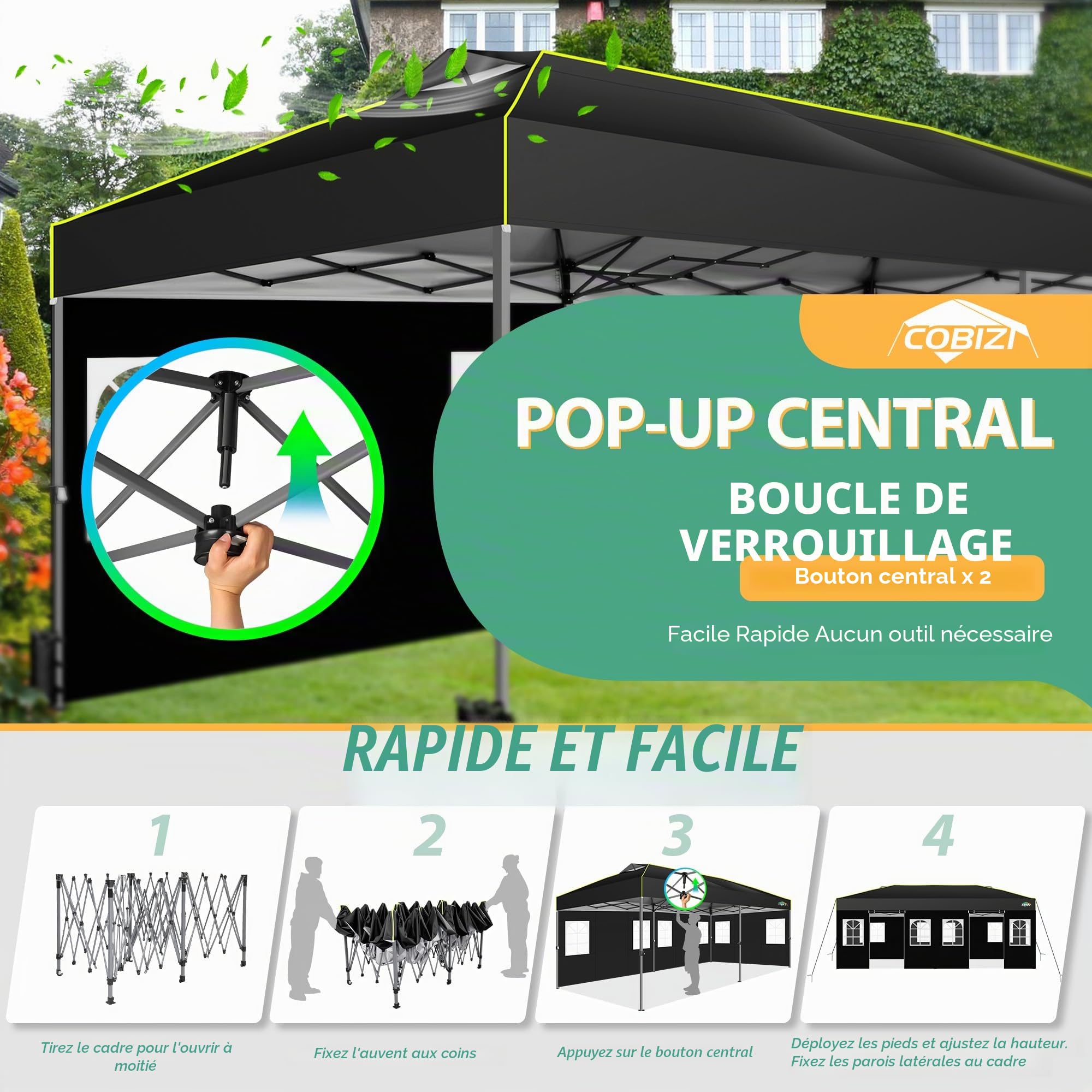 COBIZI Tonnelle Pliante 3x6, Tonnelle de Jardin Exterieur, Imperméable Tente de Reception avec 6 Panneaux Latéraux, Protection UV 50+, Tonnelle de Jardin pour Fêtes Commercial Mariage,Noir