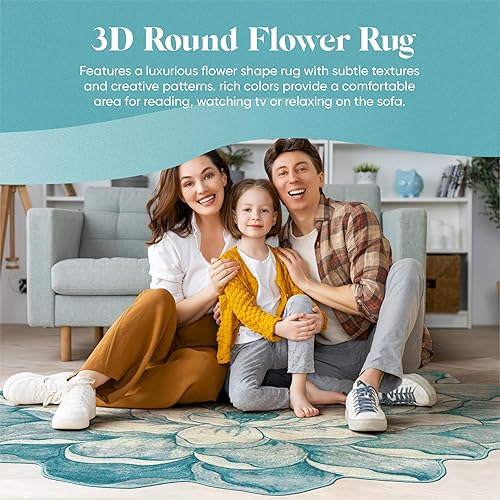 Miniatura 8 de Alfombra redonda de 5 pies con forma de flor, bonita alfombra de felpa con forma de flor, para dormitorio, suelo, sala de estar, alfombra 301 azul
