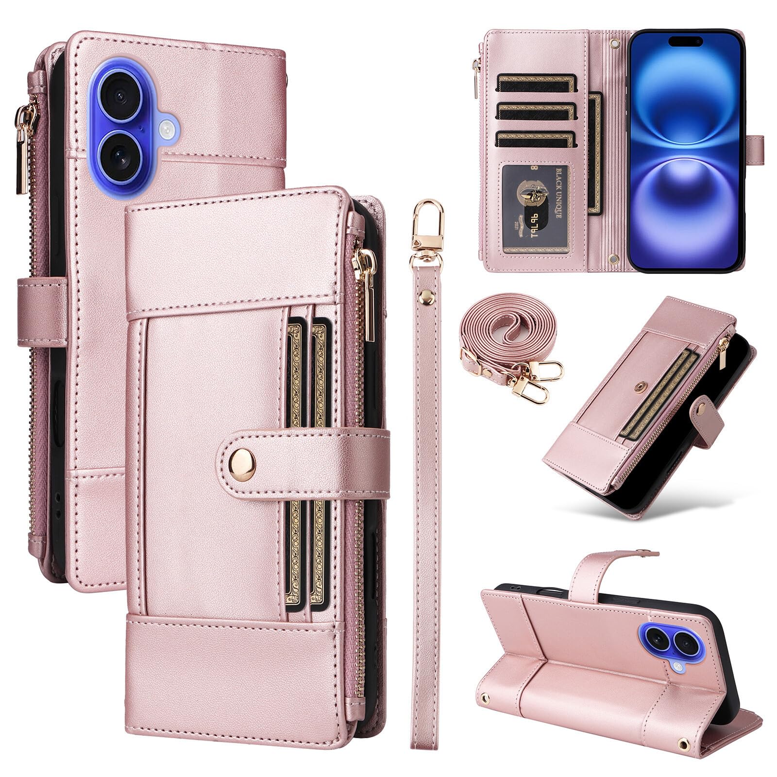 Coque iPhone 16 Pro en cuir avec fermeture éclair porte-carte or rose