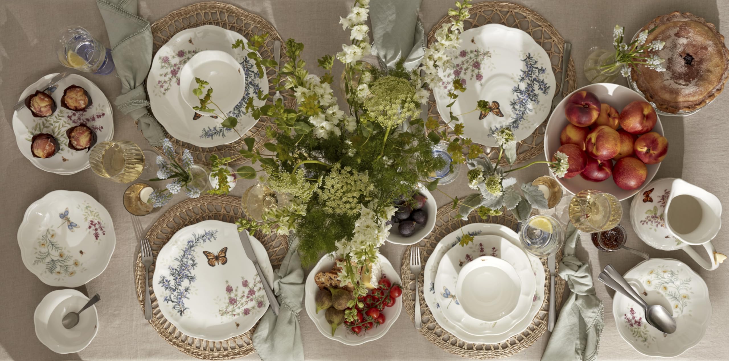 Lenox 897792 Tafelservice Butterfly Meadow Herbs 12-teilig | Keramik, spülmaschinenfest, mikrowellengeeignet | Teller und Schüssel-Sets für Küche und Esszimmer, Geschirrset, Geschirr