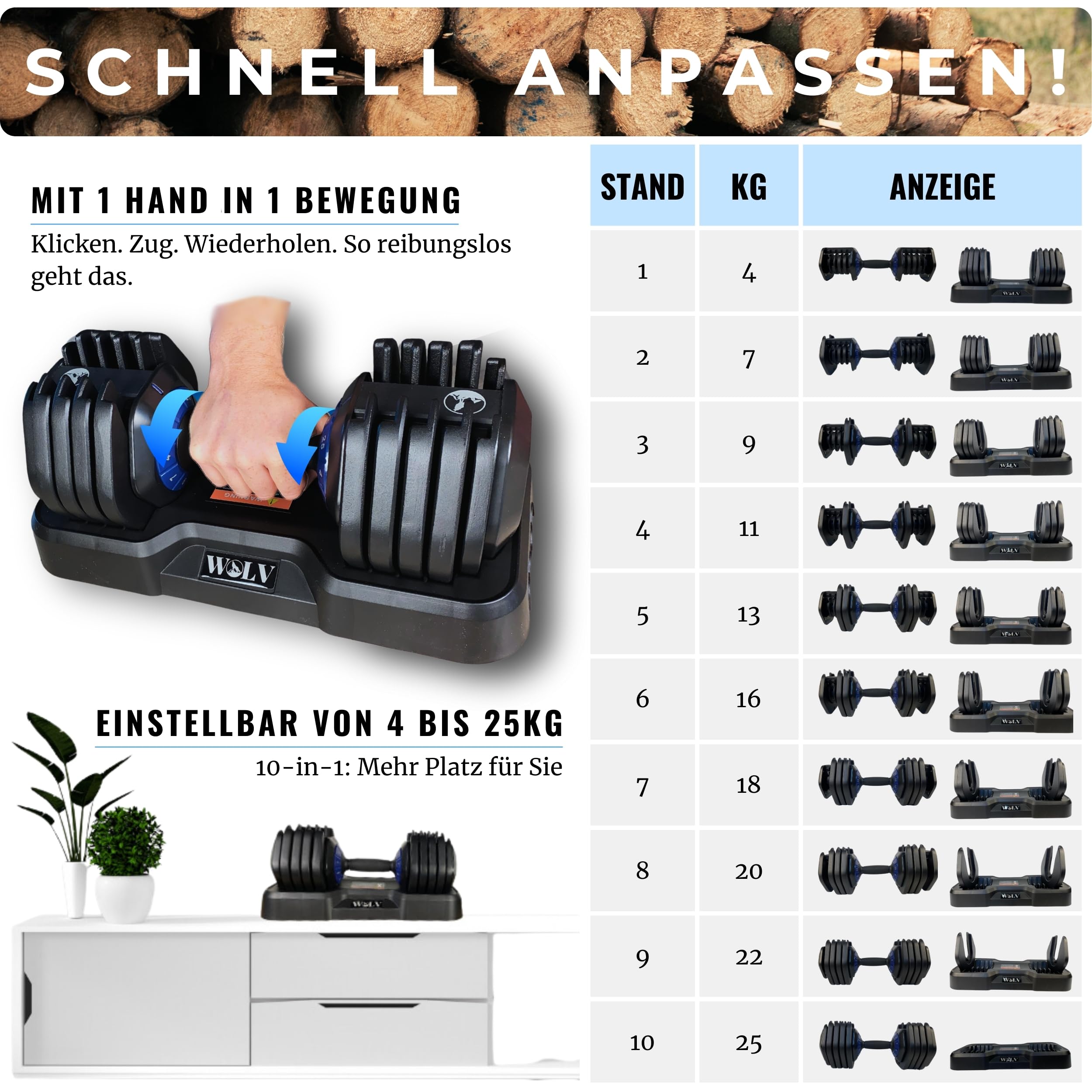 WOLV 25kg Verstellbare Hanteln – Einstellbare Hantel mit 10 Gewichtsstufen, Platzsparendes Design, Hanteln mit rutschfestem Griff, Perfekt für Zuhause, Fitnessstudio & Krafttraining