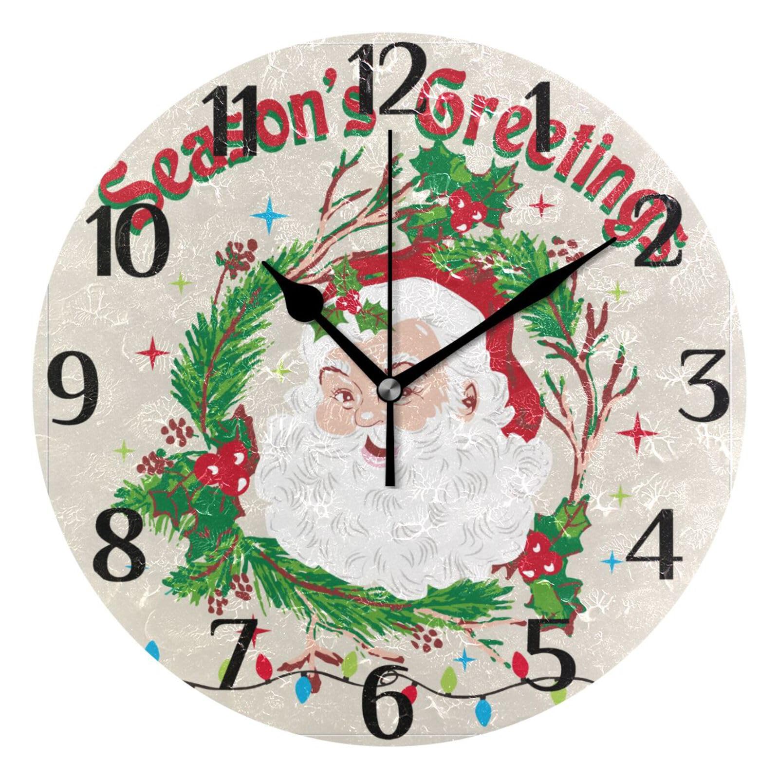 Mnsruu Clock Vintage Santa Claus Christmas Wall Clock Silent Non-Ticking Round Wall Clock 25cm Easy to Read Decorative Clocks for Living Room Dinning Kitchen Home Battery Operated