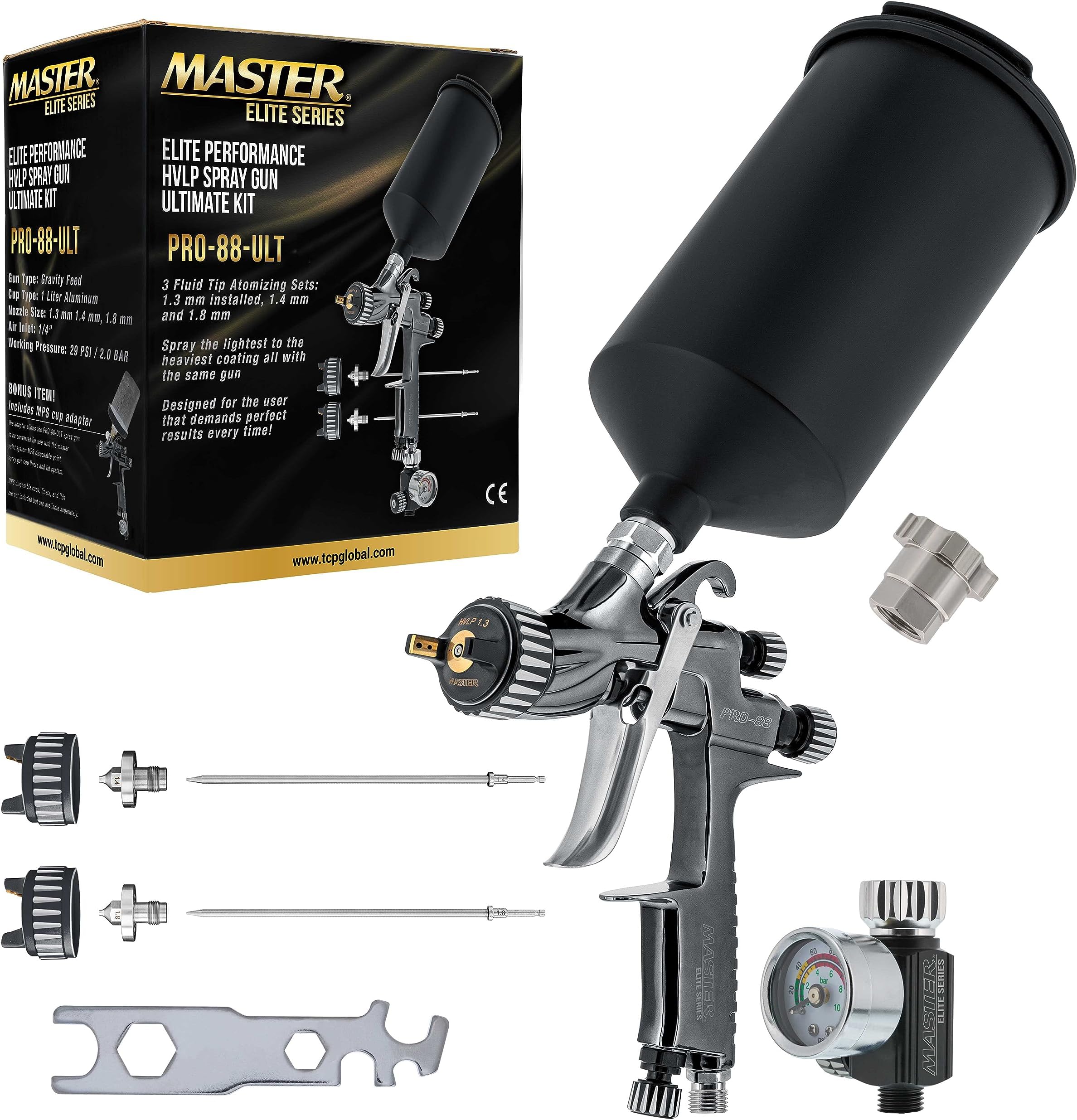 Master Elite Performance PRO-88 HVLP Automotive Spray Paint Gun with 3 Tips 1.3, 1.4 and 1.8mm, 1L Cup, Regulator Gauge, MPS Adapter - Auto Paint Spray Gun for Automotive Basecoats, Clearcoats