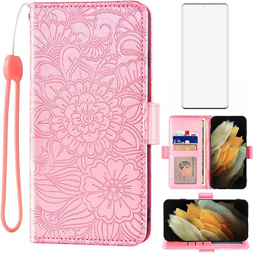 Compatible con Samsung Galaxy S21 Ultra Glaxay S21ultra 5G - Funda tipo cartera y protector de pantalla de vidrio templado, soporte para tarjetas,