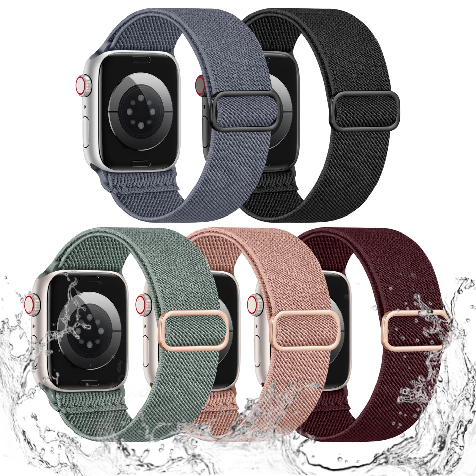 Maledan 5 Pack Stretchy Solo Loop Compatible with Apple Watch Band Women Men 40mm 38mm 41mm 42mm 44mm 45mm 46mm 49mm, Water-Resistant Nylon Straps for