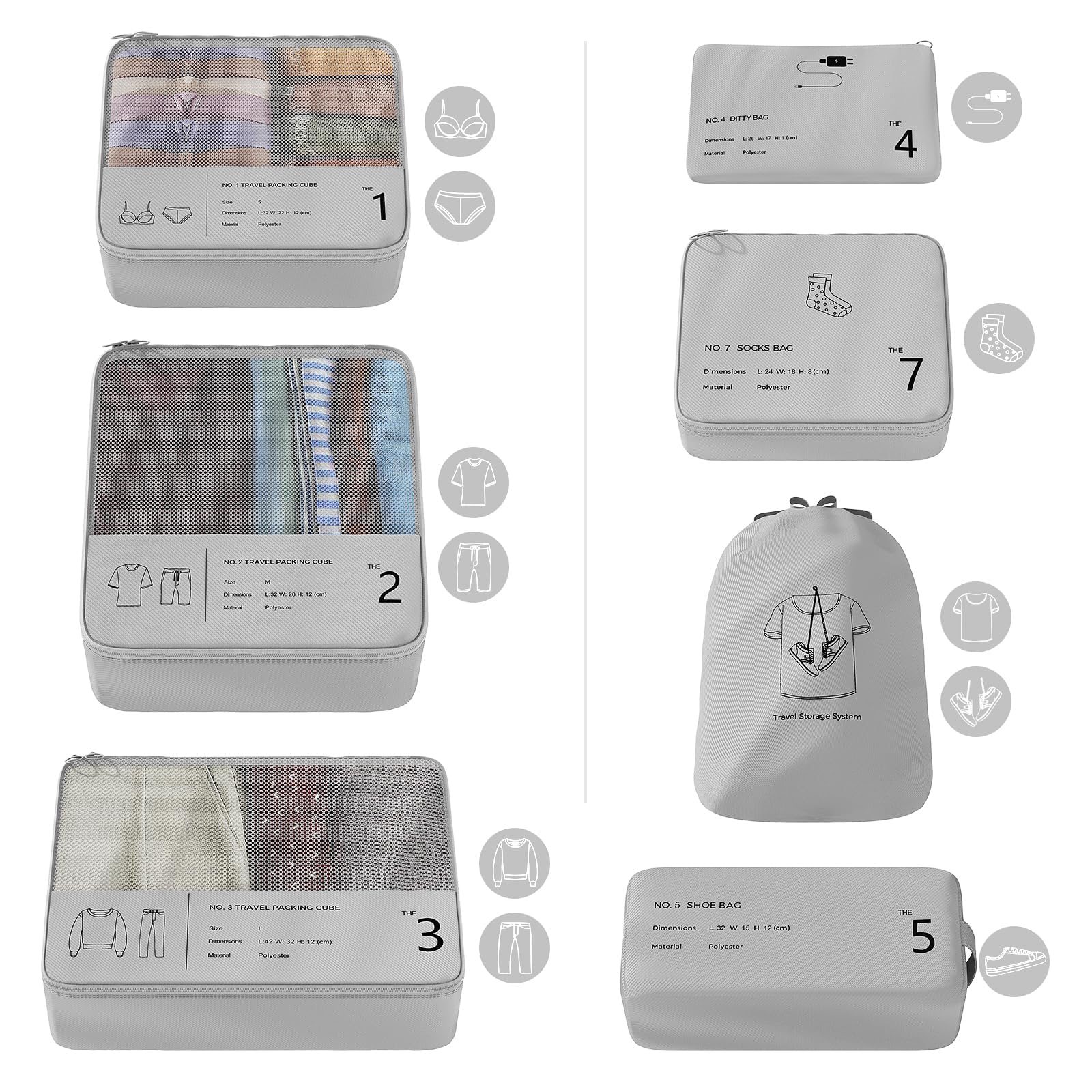 Set Di Organizer Per Valigie 7 Pezzi - Cubi Da Viaggio Con Compressione - Borse Per Scarpe, Biancheria E Accessori - Grigio