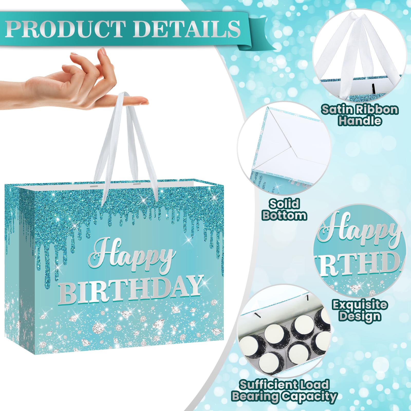 Yoirrat Teal Blue Birthday Gift Bag for Girls Women Large Glitter Happy Birthday Bag with Wrapping Tissue Paper and Card for Ice Princess Ocean Bday Party Supplies Present