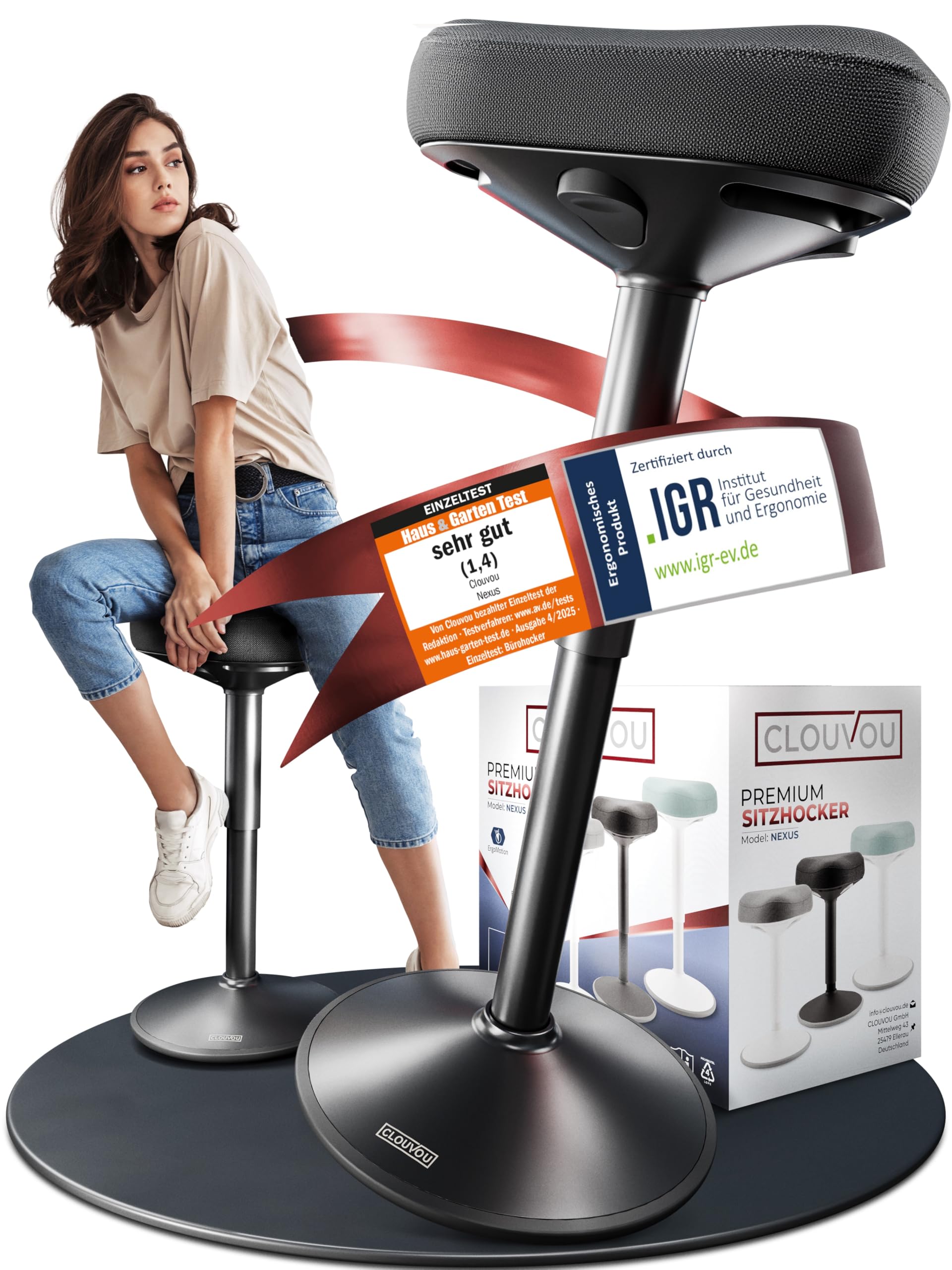 CLOUVOU Nexus Bürohocker Ergonomisch [ORIGINAL] Stehhocker Höhenverstellbar von 47cm bis 82cm - Ergonomischer Hocker Büro - Wackelhocker zur Stärkung des Rückens - Ergonomische Stehhilfe Büro