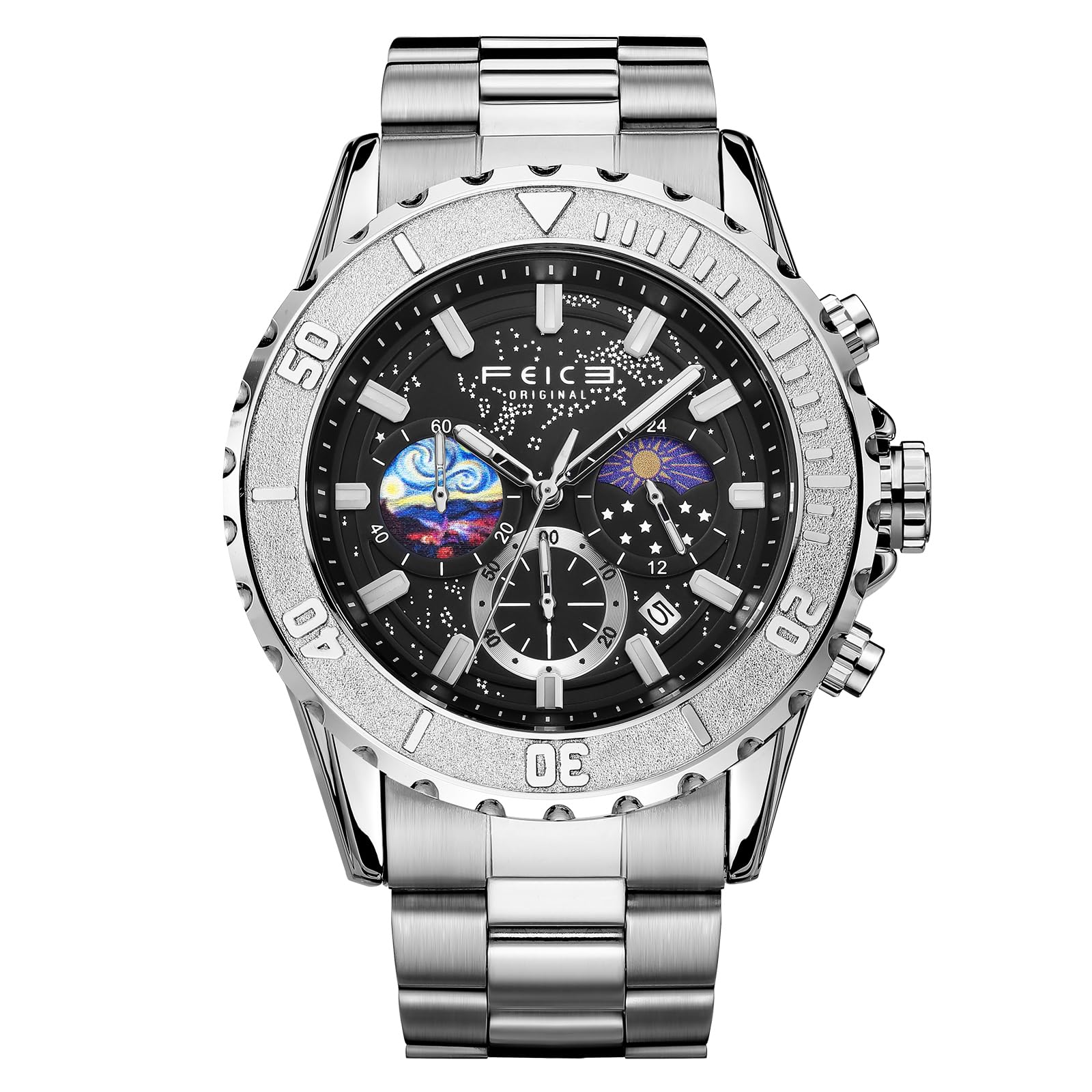 FEICE Orologio al Quarzo da Uomo Quadrante Multiplo 24 Ore Calendario Moda Business Orologio Casual Unico Nero FK131
