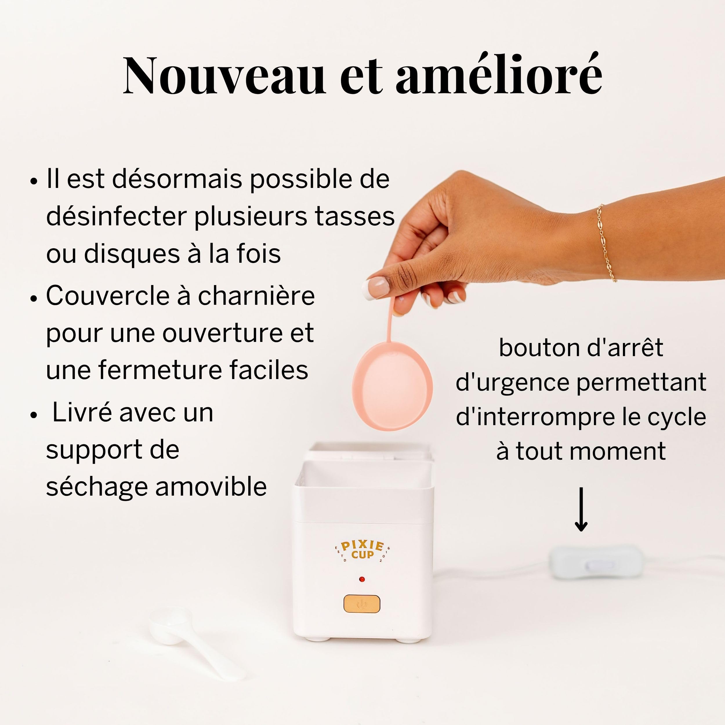 Pixie – Stérilisateur vapeur pour coupe menstruelle – Nettoyez votre cup et éliminez 99,9% des germes grâce à la vapeur – 3 minutes pour une cup stérile ! Minuteur avec arrêt automatique