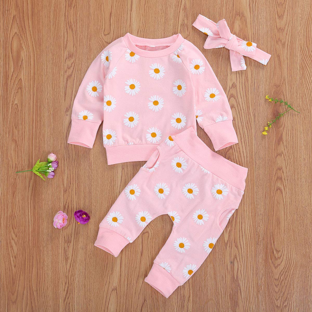 Newborn Baby Girl Fall Clothes Little Daisy Long Sleeve Sweatshirt Top + Pockets Pants + Headband 3Pcs Outfit Set (A-Big Daisy Pink,12-18 Months)