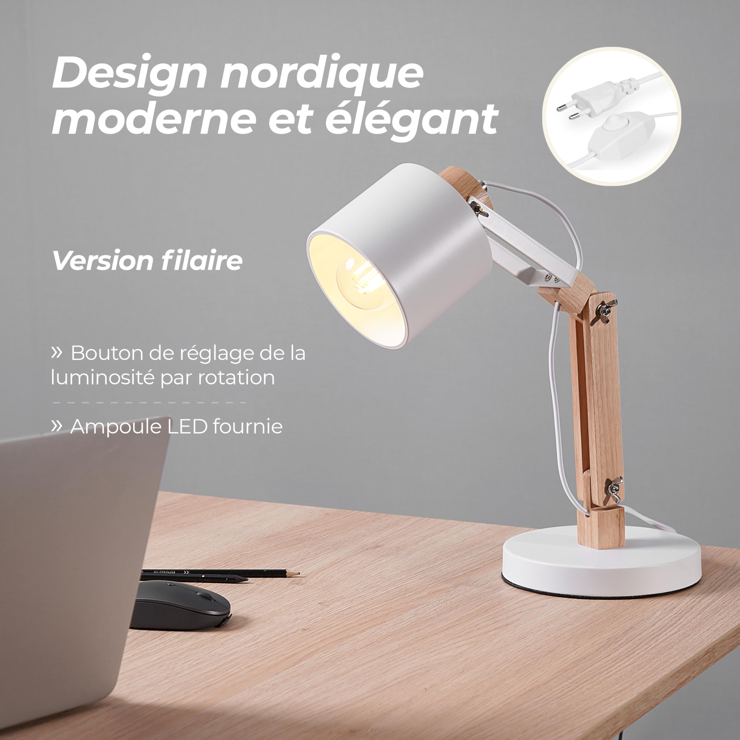 Designerska lampa biurkowa, naturalne drewno i metal w stylu nordyckim, 3-stopniowa ściemnialna dioda LED, bardzo stabilna i wytrzymała z regulowanym ramieniem, żarówka LED E27 w zestawie