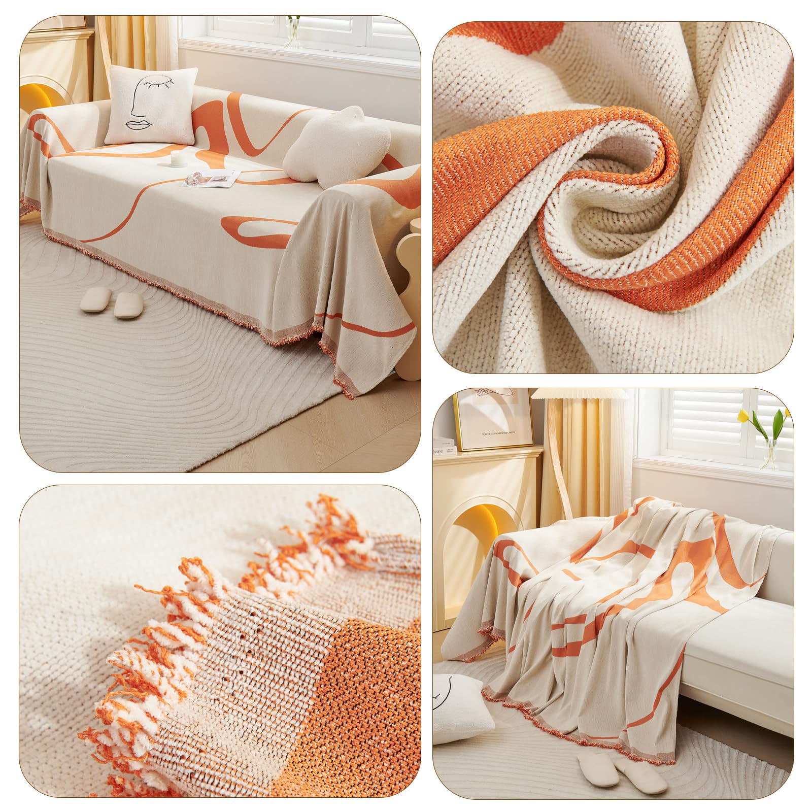 Manta sofá Funda de sofá Decorativo Universal Cuatro Estaciones Borla Tejida Almohadilla sofá Abstracción Geometría Líneas Multifuncional Suave Cómodo Cover Cubre sofá 180 * 340cm Naranja