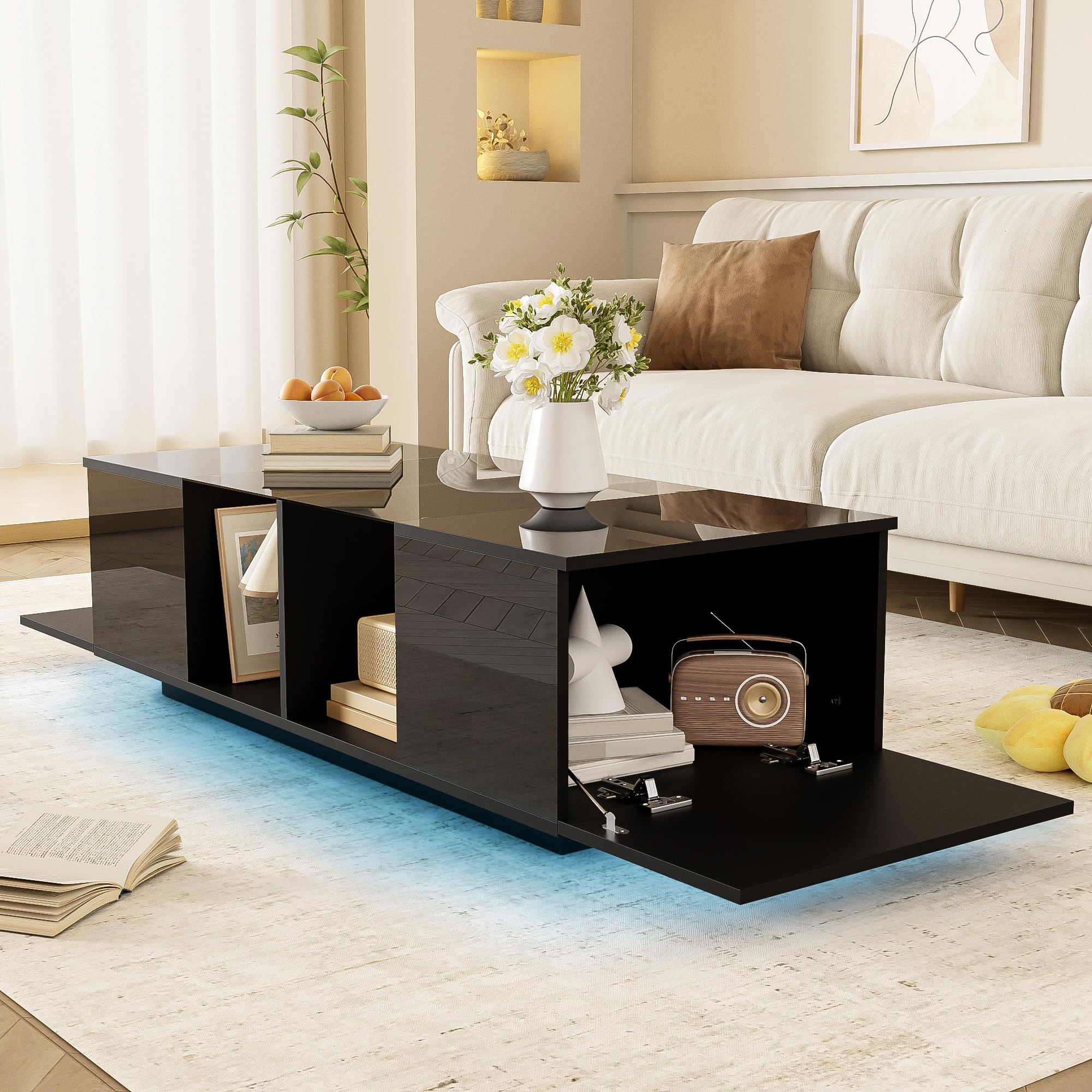 Table Basse Salon Noire Avec LED, 2 Étages Et Tiroirs - 100x50x39cm - Design Moderne Laqué
