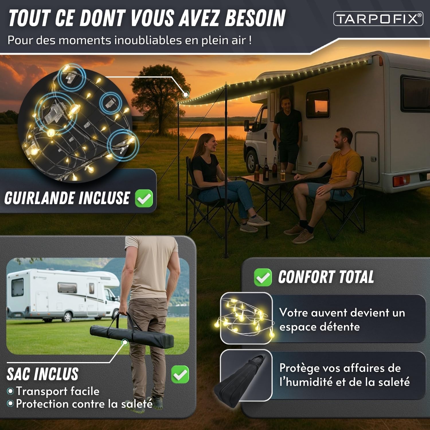 Tarpofix® Auvent Fourgon 3 x 2,4 m | Store Banne Camping-car Déperlant avec Multi Keder | Protection Solaire, Solette & UV60+ | Auvent Caravane Résistante avec Mâts en Aluminium pour Camping-car & Van
