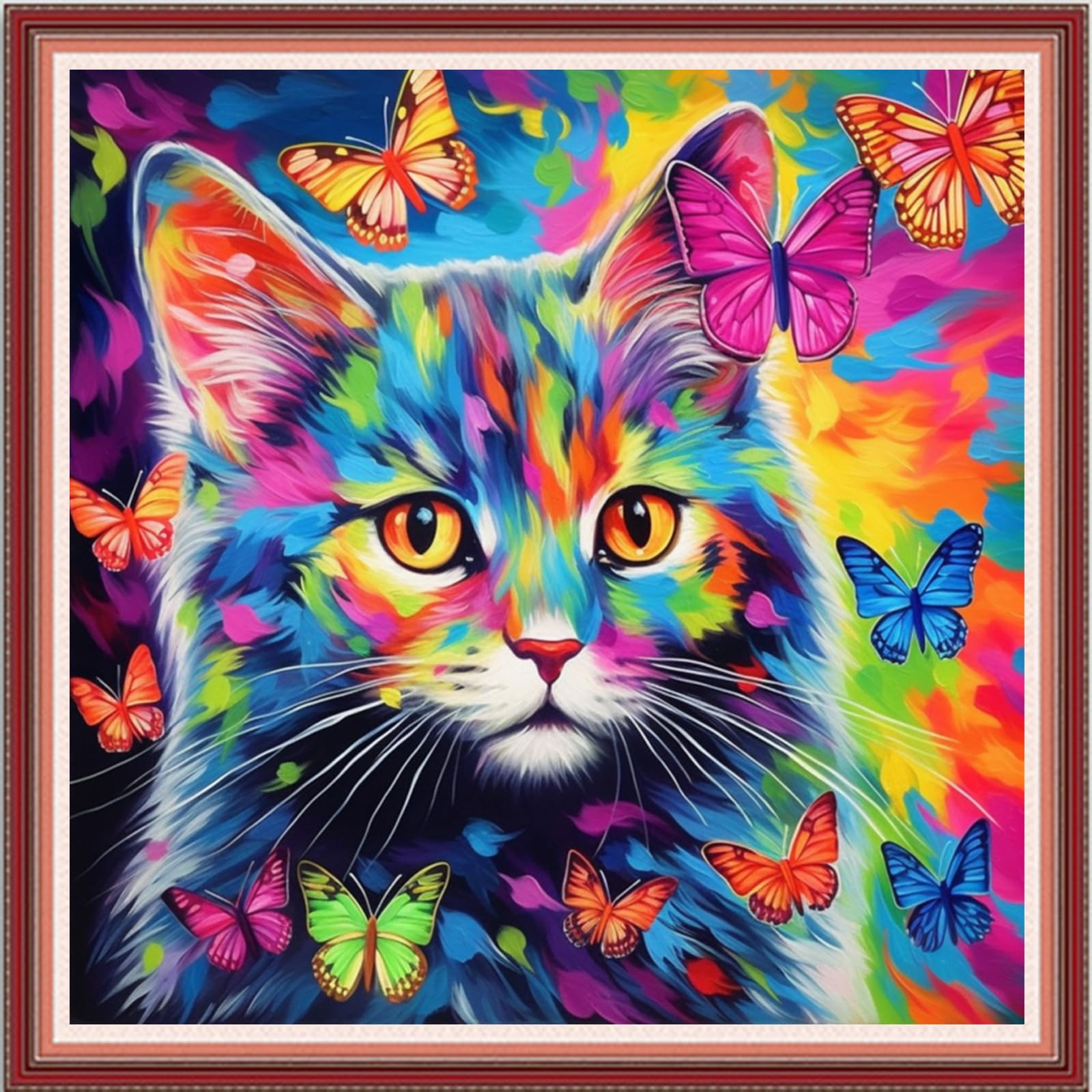 DMCVIVR Stamped Cross Stitch Kits for Beginners Adults Needlepoint Kits for Beginners Embroidery Kits for Adults Crossstitch Kit for Beginners 11CT-Colorful Cat 18x18 inch