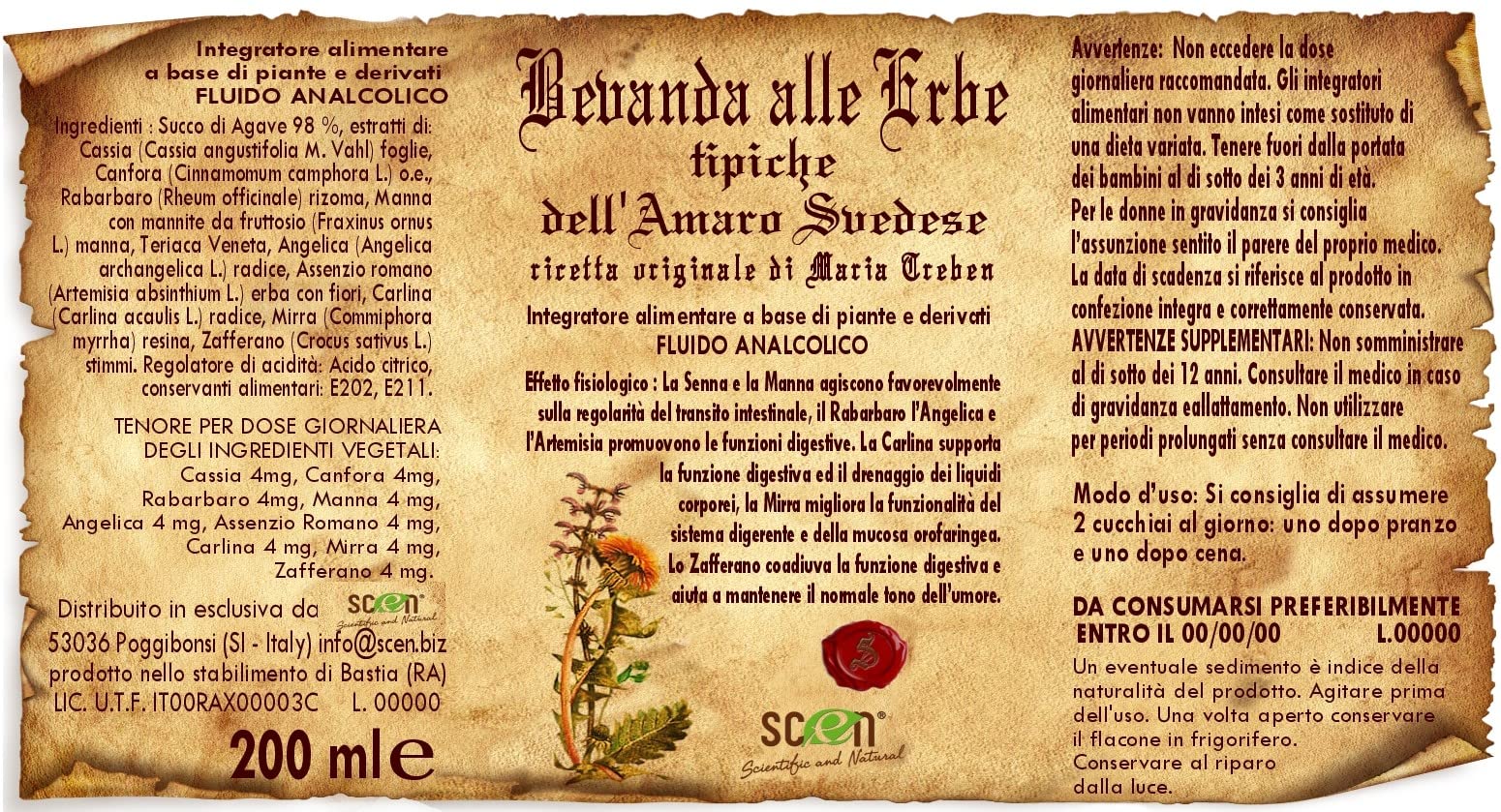 SCEN Amaro Svedese Maria Treben Originale Senza Alcool Preparato con Erbe Svedesi Naturali Efficace e Concentrato Diuretico Drenante per Gonfiore Addominale 200 ML Made in Italy