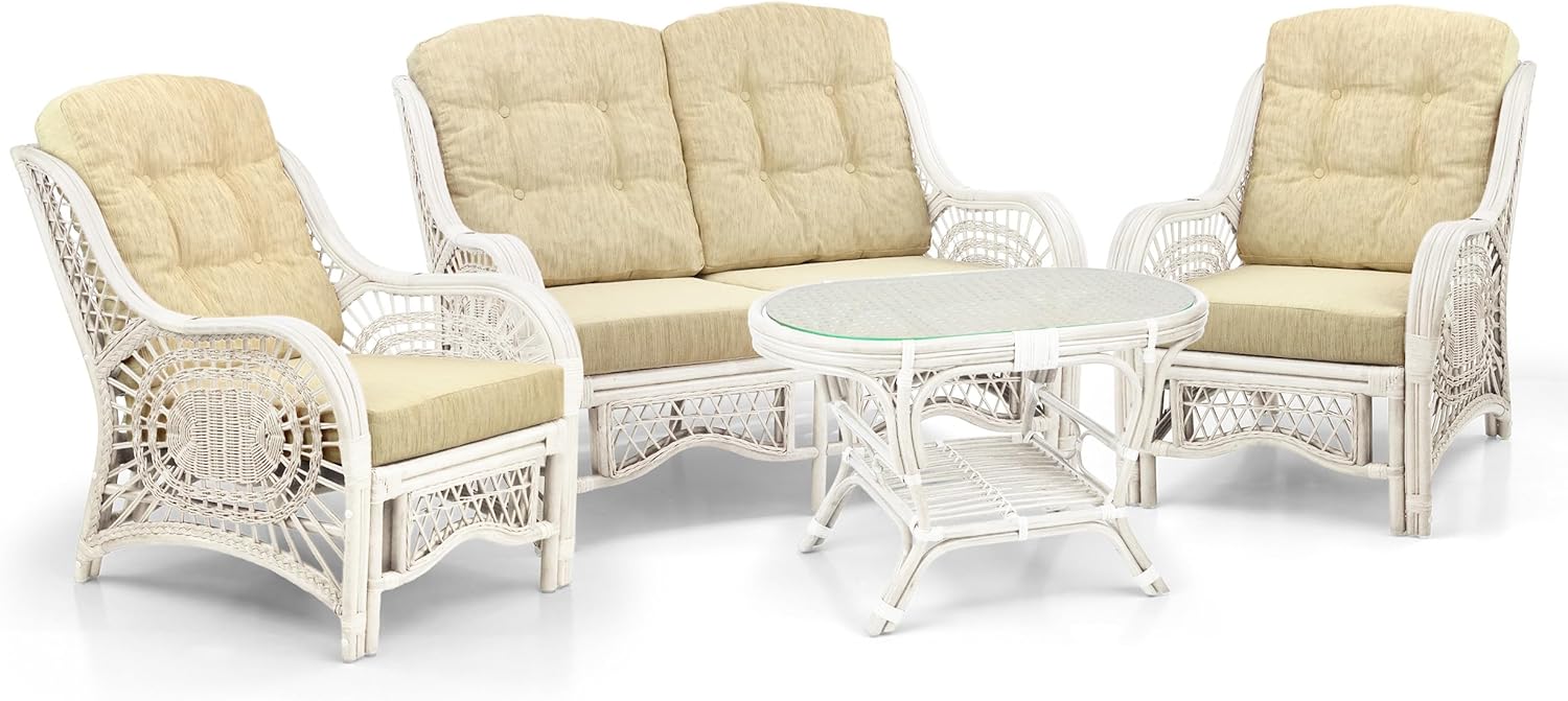 Malibu Lounge Set of 2 Natural ECO Rattan Wicker Chairs, Loveseat with Cream Cushion and Coffee Table w/Glass Handmade, White Color