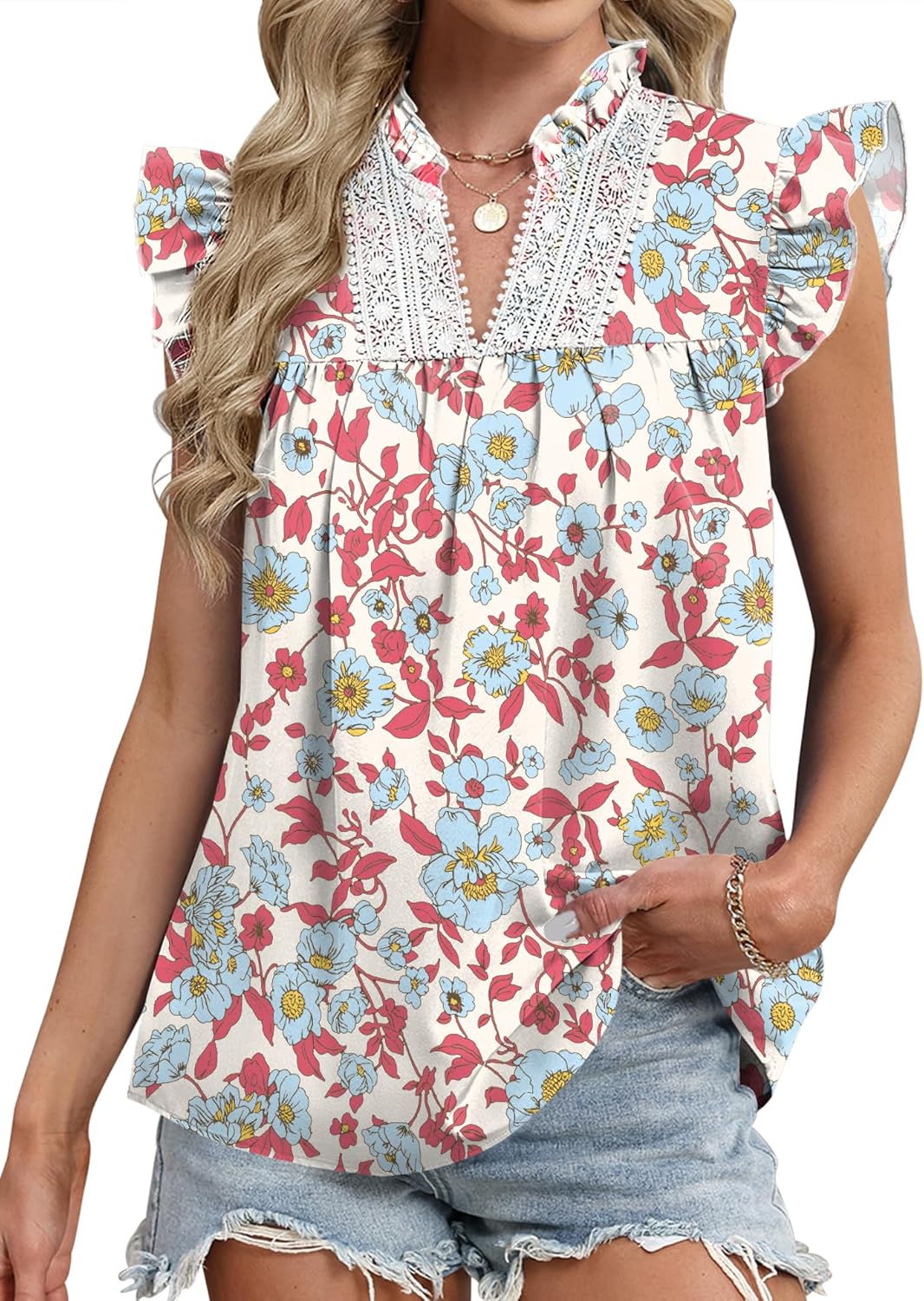 AKEWEI Womens Summer Ruffle Sleeve Lace Embroidered V Neck Work Blouses Pleated Tank Top