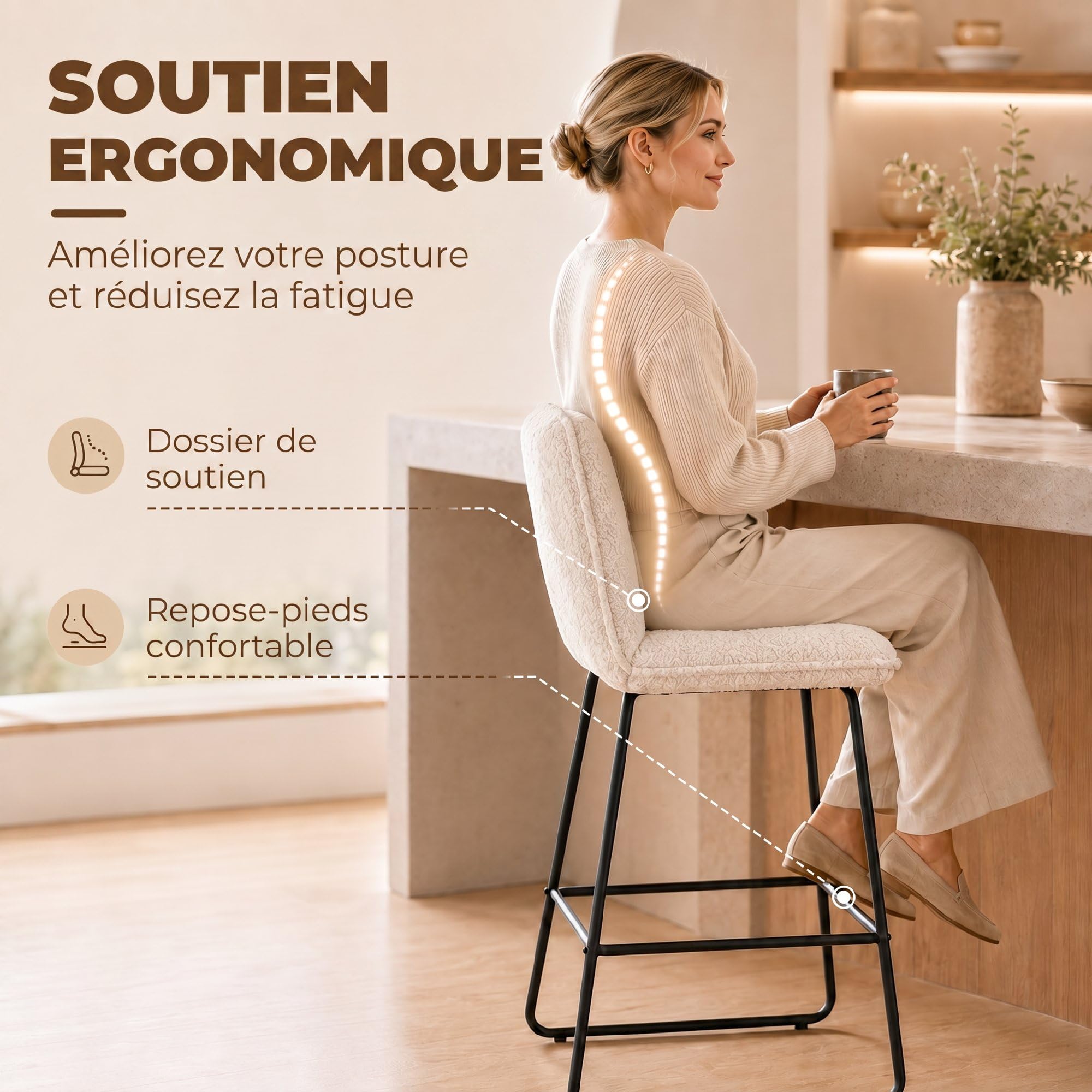 HOMCOM Lot de 2 Tabourets de Bar Extra-Large Assise 66H cm Crème