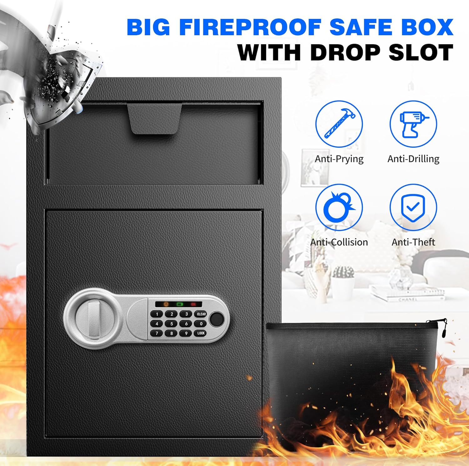 TOTOY 5.0 Cu Ft Fireproof Biometric Deposit Drop Safe- Steel Drop Slot Lock Box, Fingerprint & Digital Keypad Key Lock, External Type-C Backup, Business Safety Box for Cash Money Security
