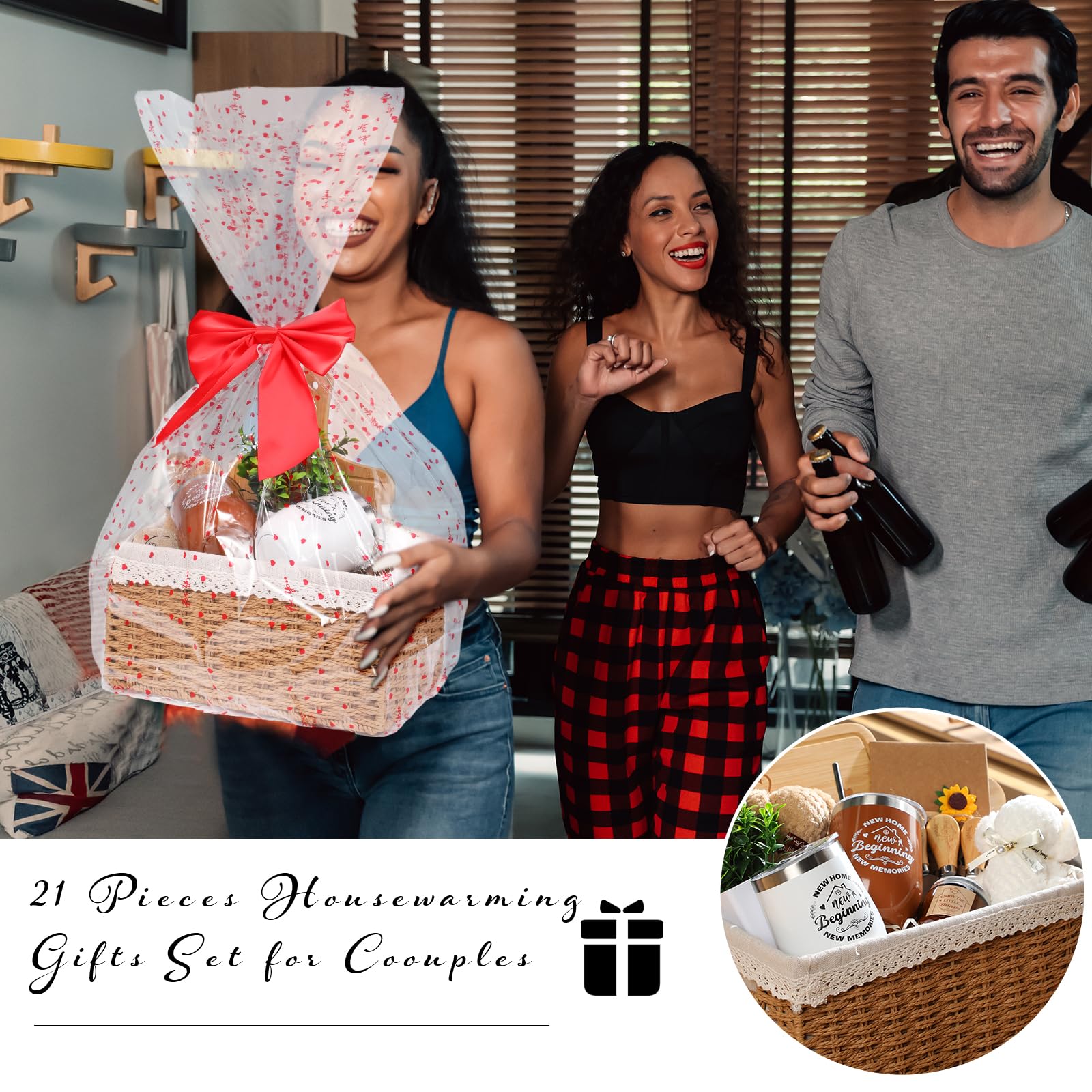 Cesta de regalo de inauguración de la casa, 21 piezas, regalo de inauguración de la casa para nuevos regalos de cierre de apartamentos, regalos para compradores, parejas, mujeres, hombres