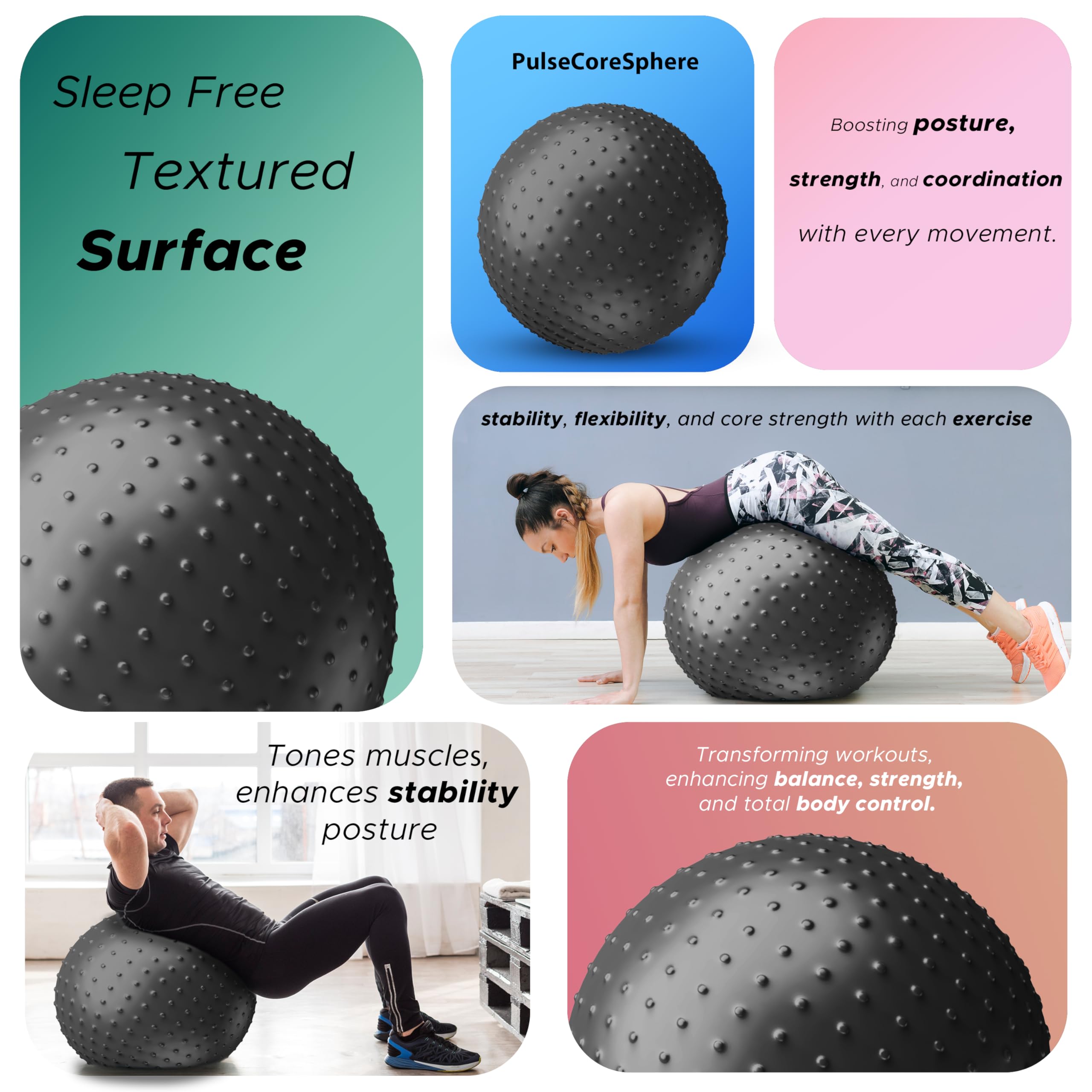 PULSEIT FlexSphere Anti-Burst Spiky Gym Ball with Foot Pump Exercise Stability Ball for Yoga, Pilates, Balance Training, Core Strength, Home & Office Fitness for Men & Women (65cm-Black)