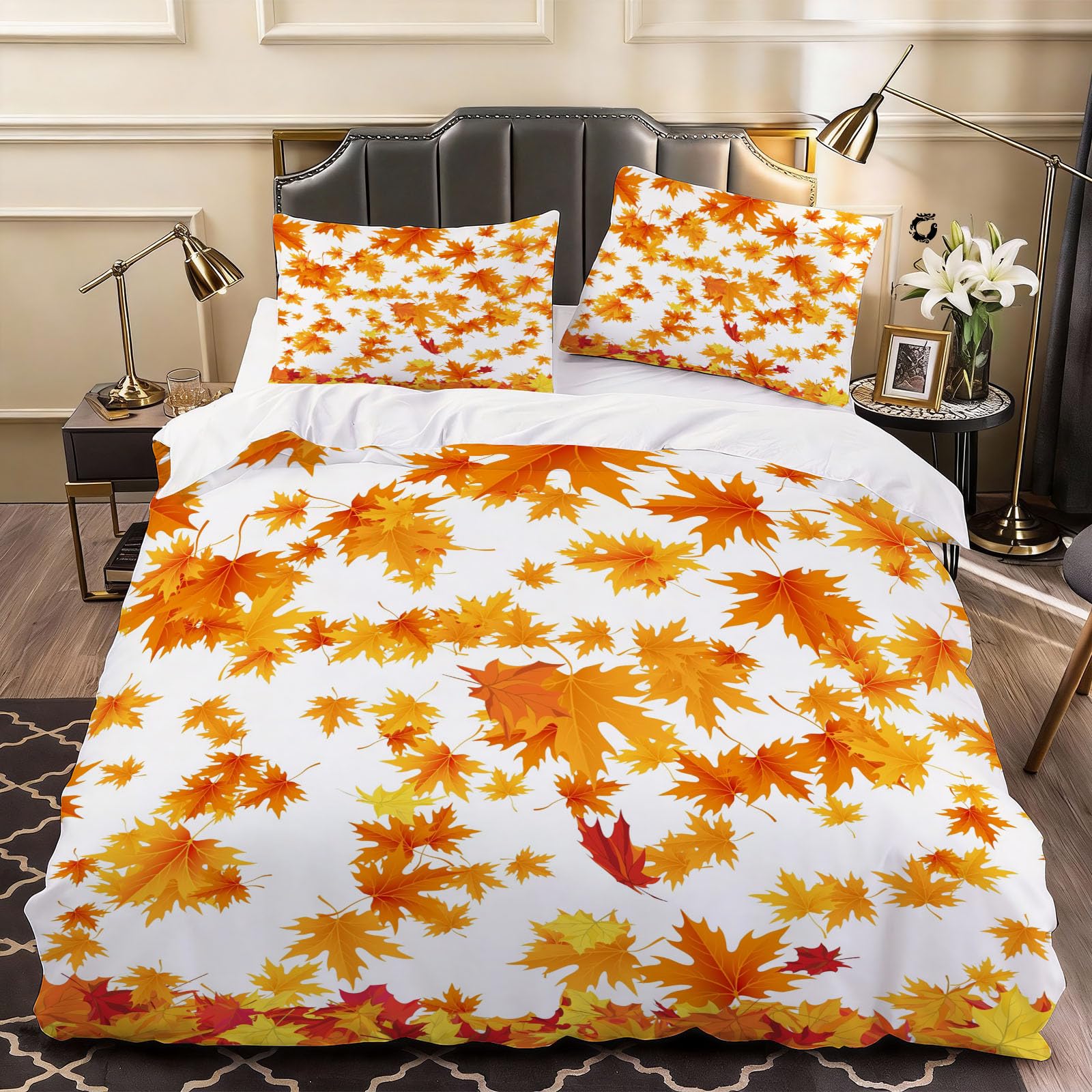 3D Maple Orange Duvet Cover Leaf Bedding Super King Bed Set, Soft Microfiber Comforter Cover Printed with Zipper Closure Quilt Coverr 260x220 cm and 2 Pillowcases
