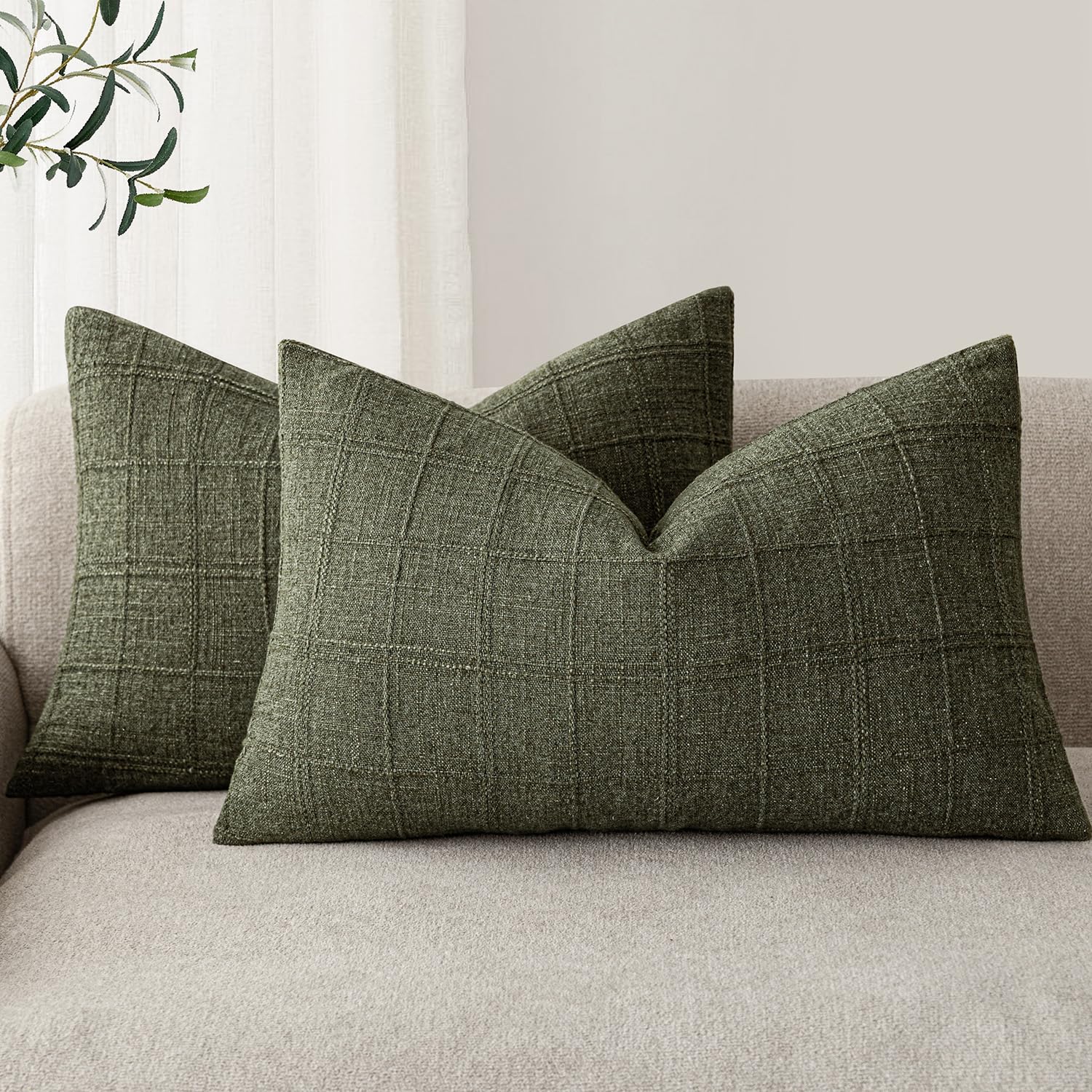 Foindtower Textured Linen Check Lumbar Throw Pillow Cover 12×20 Olive Green
