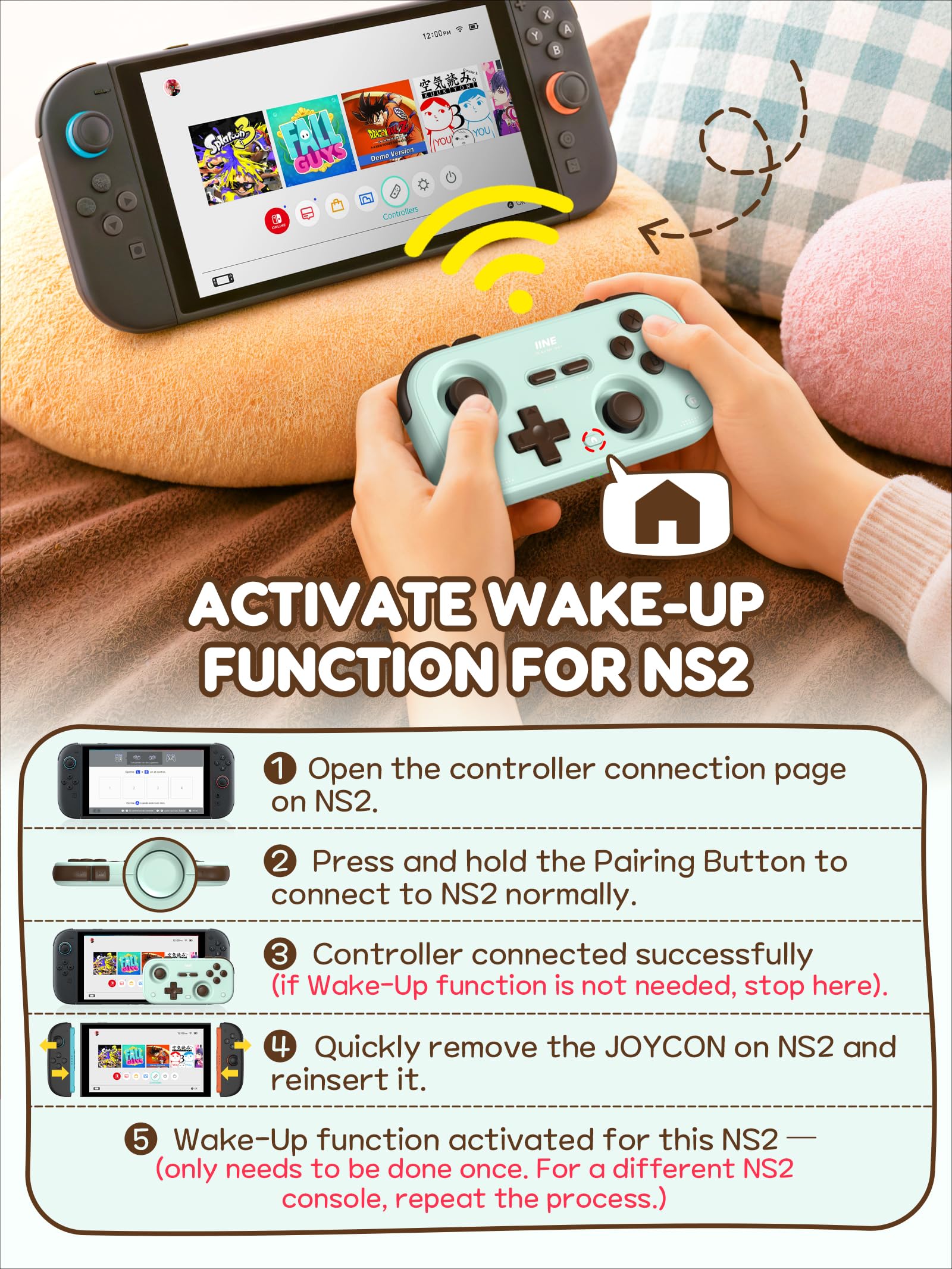 IINE Retro Pocket Game Controller with Hall Effect Joysticks, Switch 1 & 2 Compatible, Wireless Gamepad for Steam Deck, PC, Android, iOS, Customizable D-Pad, Vibration & Motion Control (Mint Choco)