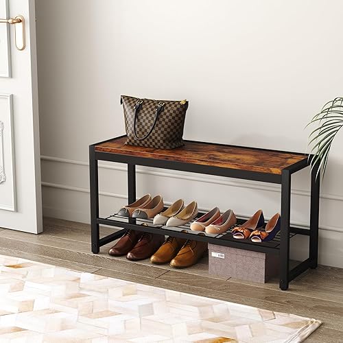 Miniatura 5 de HOMEFORT Shoe Bench, Modern Industrial Shoe Storage Bench, Entryway Bench with Mesh Shelf and Sturdy Metal Frame, Metal Shoe Rack Bench for Hallway,
