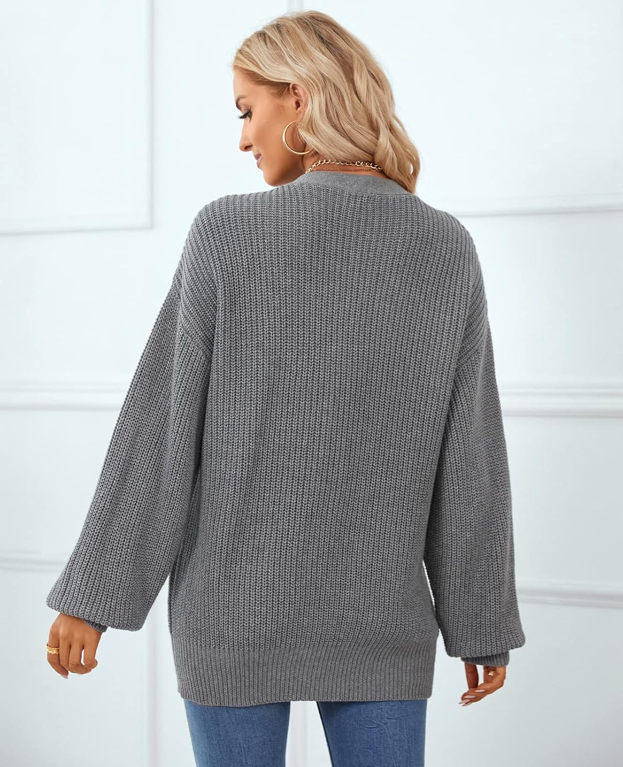 QUALFORT Women's 100% Cotton Cardigan Lantern Sleeve Cardigan Oversized Swearter with Pockets - Image 2