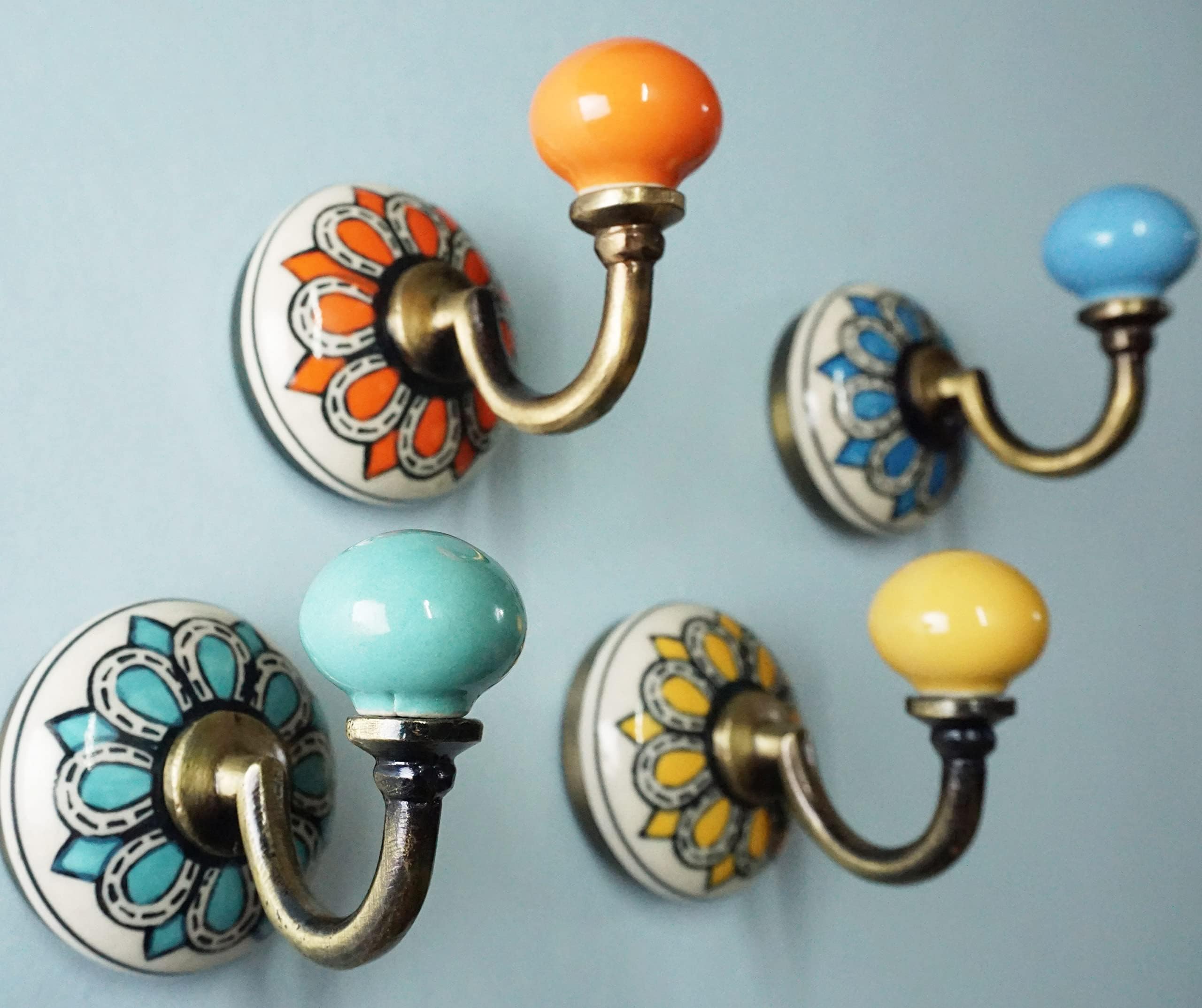 IvoryBlu777 Set of 4 x Vintage Style Coat Hooks Metal Ceramic Floral