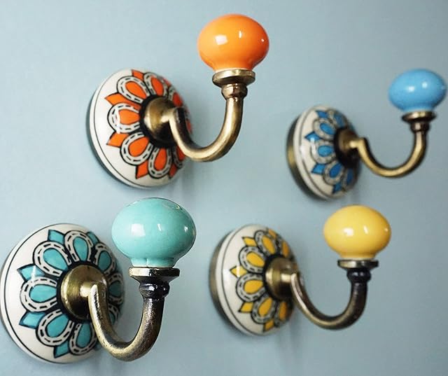 IvoryBlu777 Set of 4 x Mix Vintage Style Coat Hooks Wall Hook for Hanging Clothes, Bathroom Kitchen Towel, Ceramic Door Hook- Gardenia