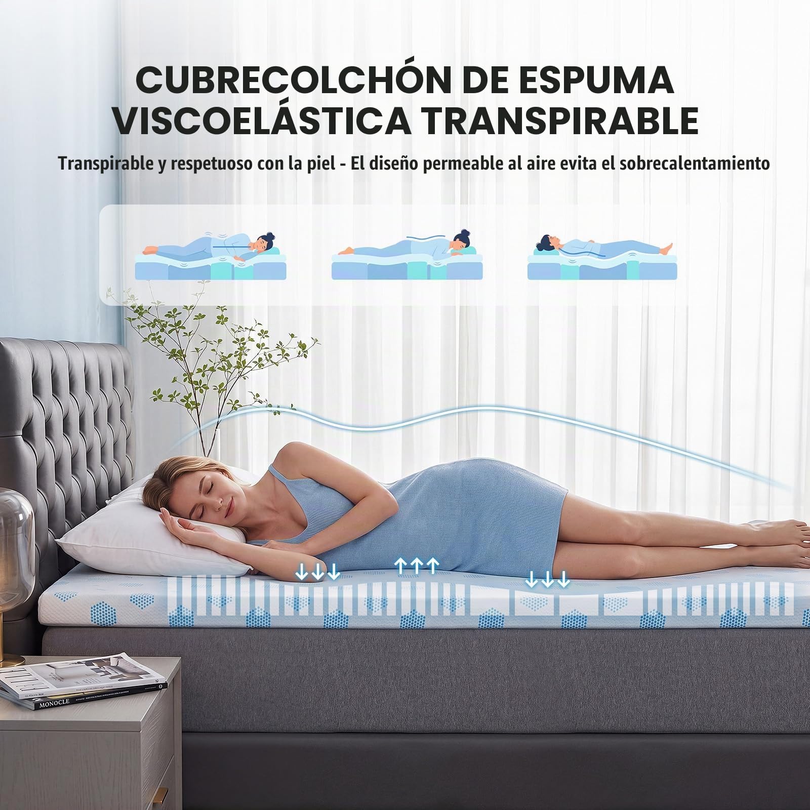 Topper Viscoelástico 140x190 Grosor 7 cm, Cubrecolchon con Gel Transpirable | Sobrecolchon Espuma Alta Densidad, Funda Lavable, Correas, Compatible con Muelles, Caravanas, Sofá, Individuales y Matrimonio