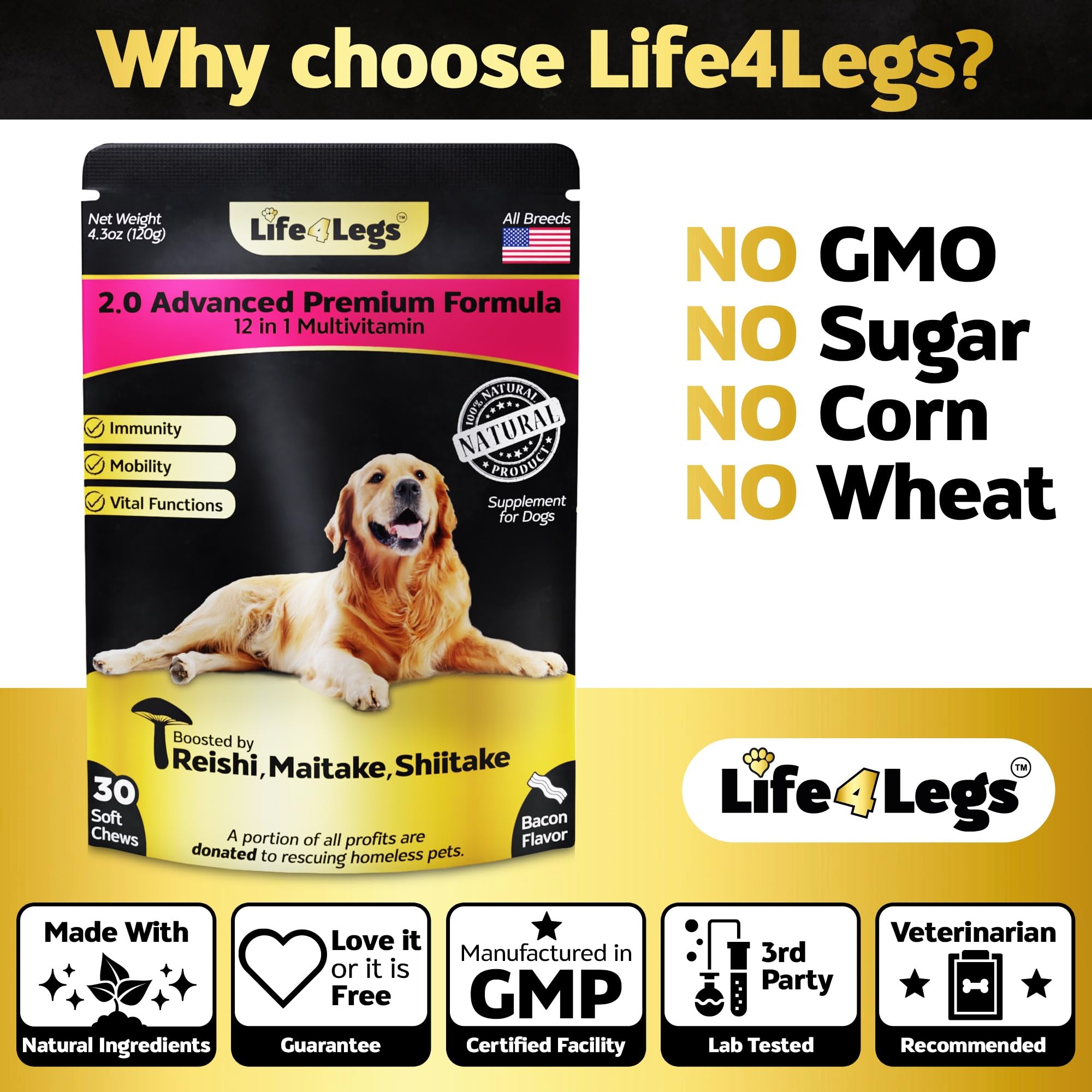 30 Soft Chews Dog Vitamins - Hemp Oil Glucosamine Chondroitin Hip and Joint Support Health, Skin & Coat Supplements, Digestion & Immune Booster, Heart, Probiotics - Bacon Flavour — Amazon image 3