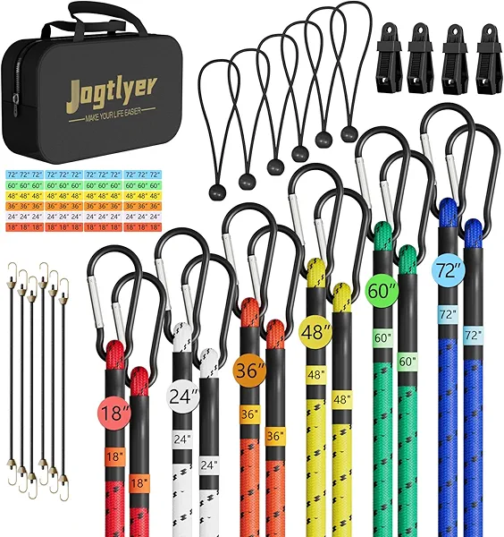 Jogtlyer Bungee Cords Set 28pcs Heavy Duty Outdoor Roll Bungie Cord Bundle with Carabiner Hooks 10" 18" 24" 36" 48" 60" Black Bungee Straps Ball Bungee Cords and Tent Clip (29Pcs-Colorful)