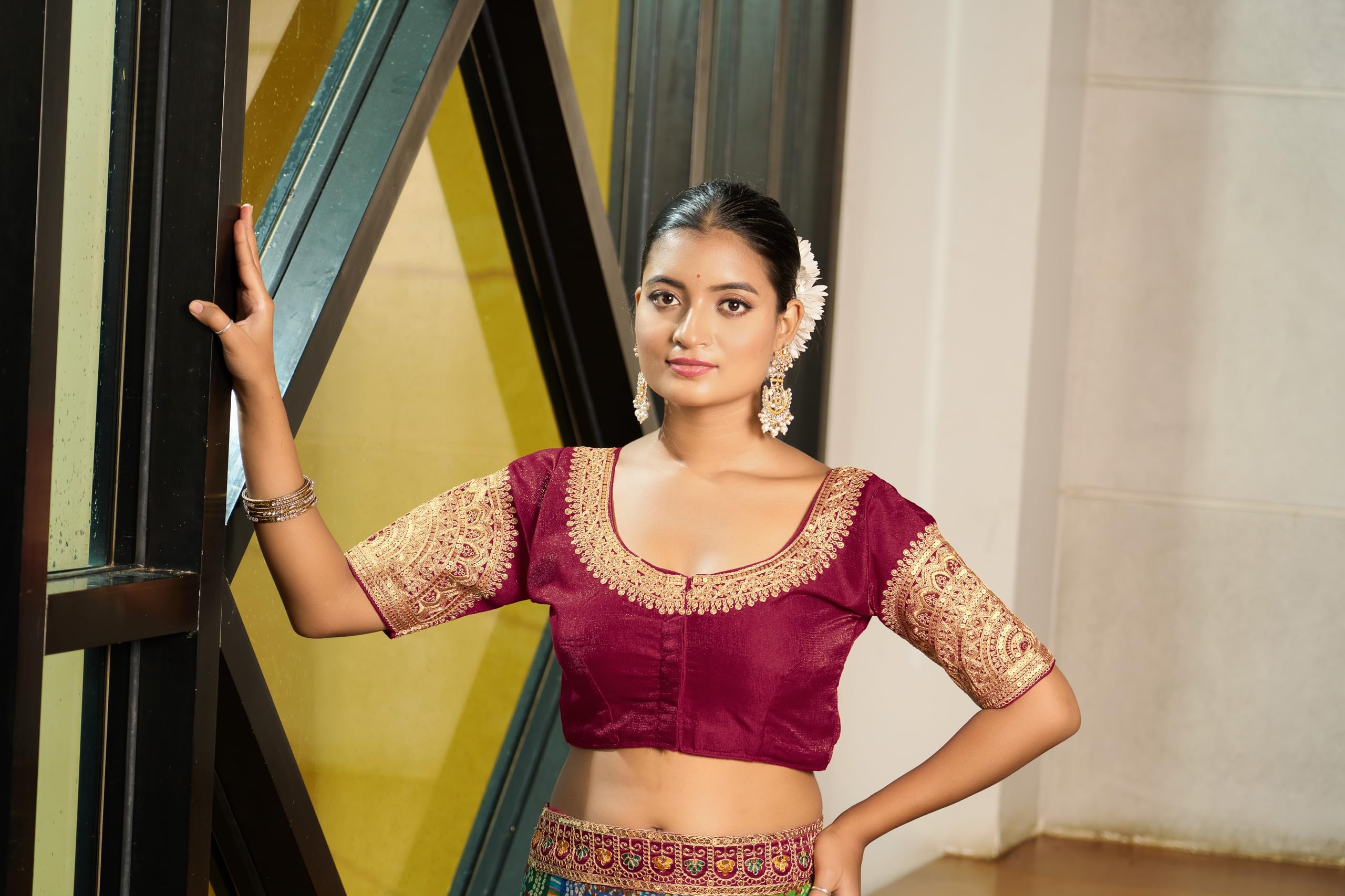 Vihu Fashion Women's Readymade Blouse Embroidery Multi Coding Dull Golden Sequence Work Indian Ethnic Designer Stitched Readymade Saree Half Sleeve Maroon Blouse For Women For Saree Lehenga Choli