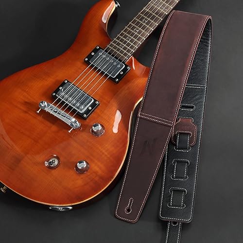 Miniatura 2 de Nefelibata Correa de guitarra de 3 pulgadas en piel de primera capa con acolchado de espuma y bucles de almacenamiento para cables, para bajos,